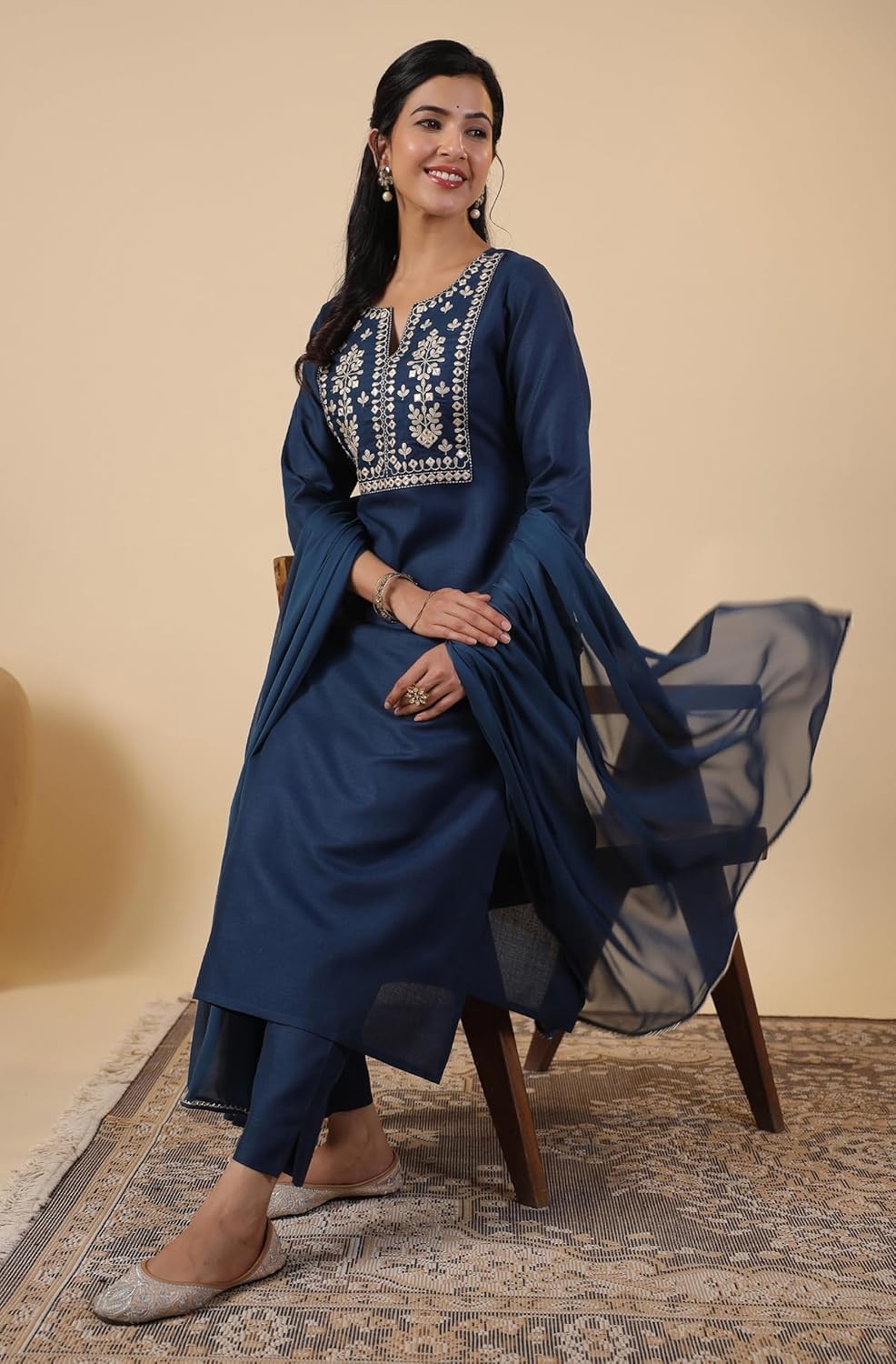 Women’s Cotton Blend Yoke Embroidered Straight Kurta Set