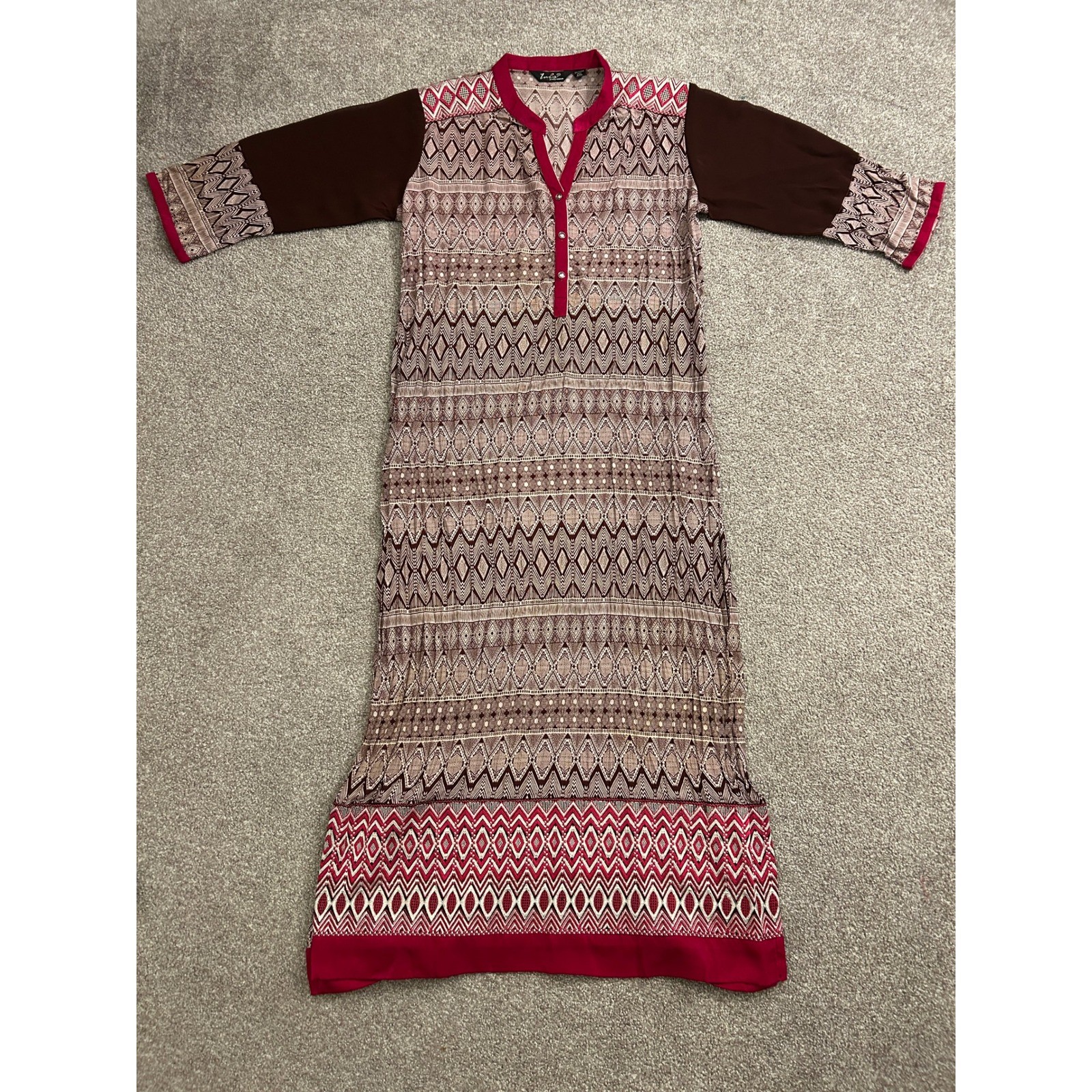 South Asian Kameez Inis Kurti Tunic Women XXL Brown Magenta Excellent Geometric