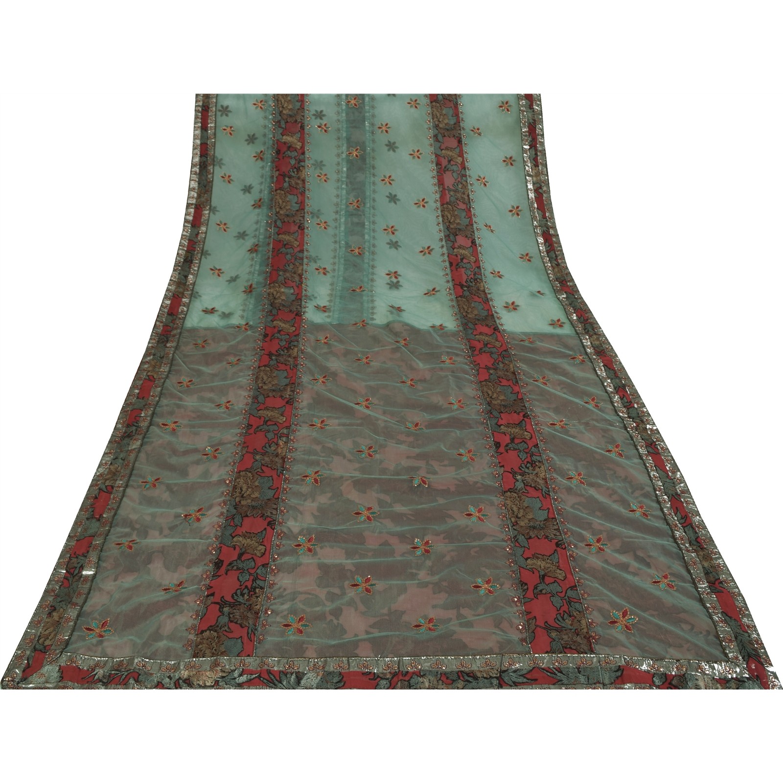 Sanskriti Vintage Red/Green Sarees Art Silk/Net Embroidered Premium Fabric Sari