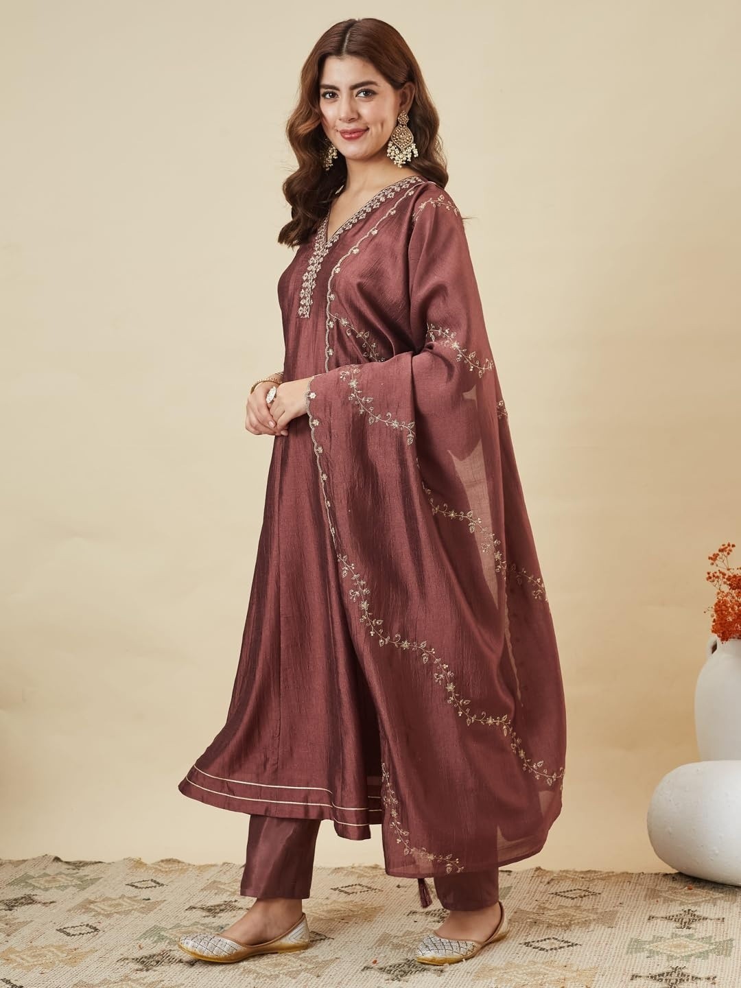 Pakistani 3 Piece Silk Embroidered Anarkali Ethnic Kurta Pant With Dupatta