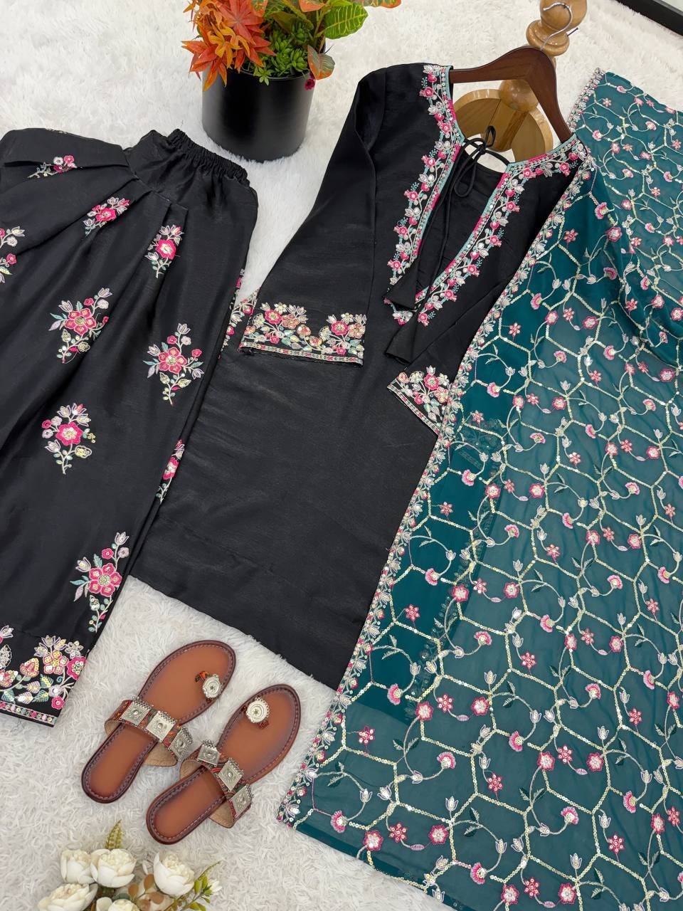Ethnic Wear Pure Heavy Roman Glass Silk Black Top Bottom With Dupatta For Women