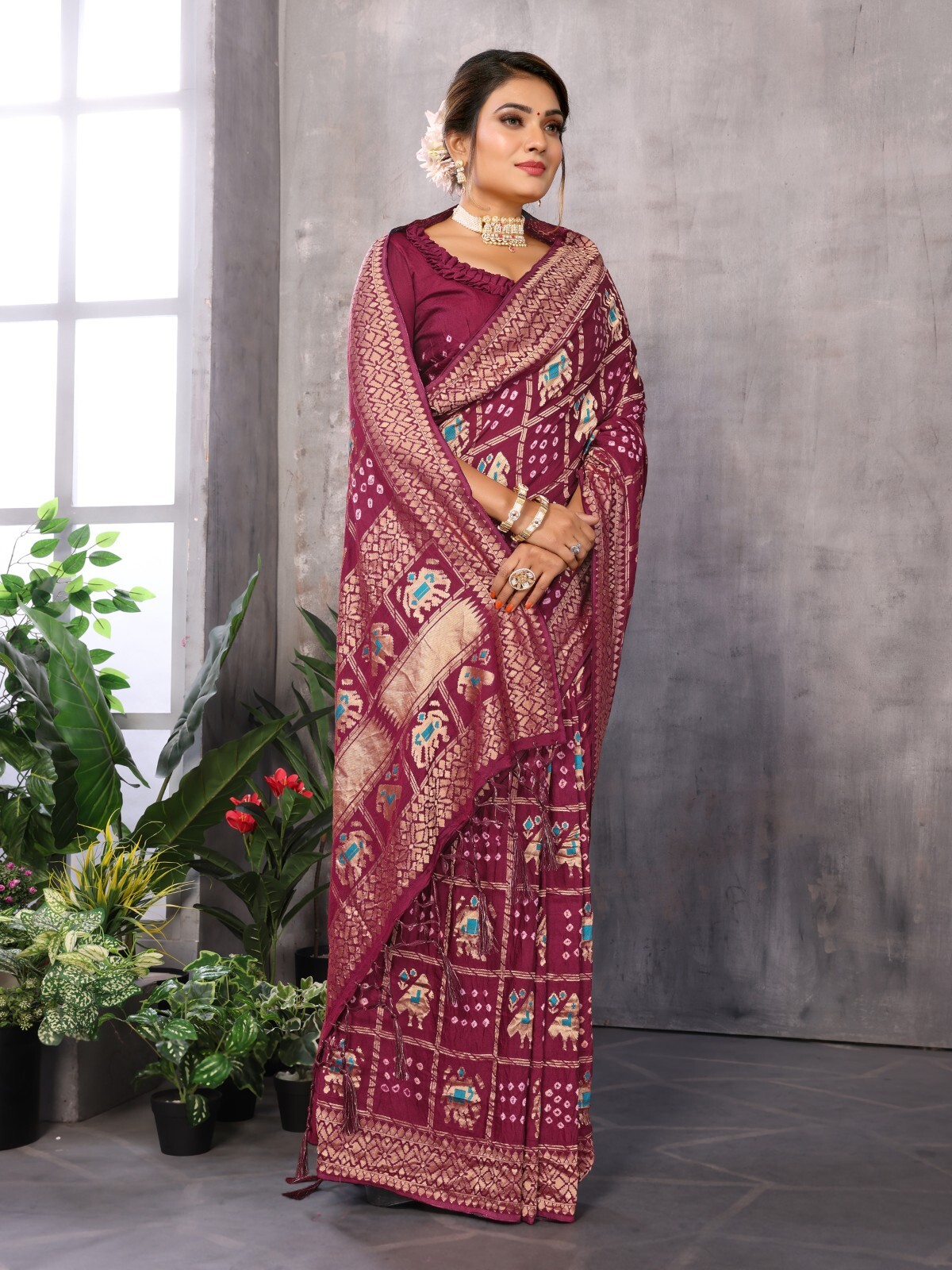 Marron Bandhej Bandhani Misco Pure Gaji Patola Chex Bandhani Saree With Blouse