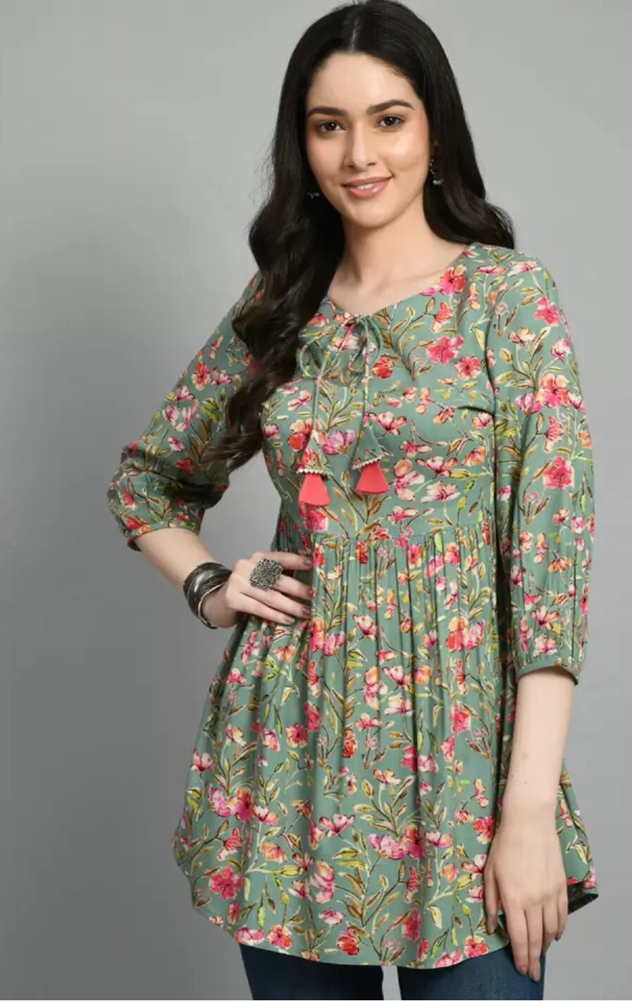 Women Tunic wear; Green Printed Tie-up neck Gathered A-line Tunic Kurti