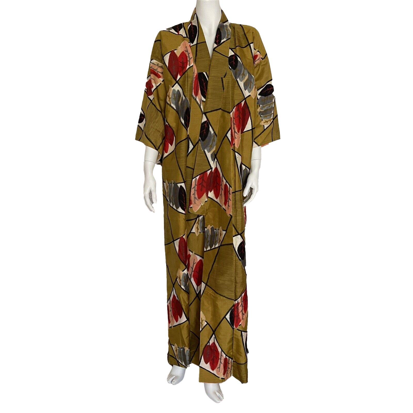 Kimono Duster Long Handmade Leaf Print Multicolor Gold Red White Pink Gray OS