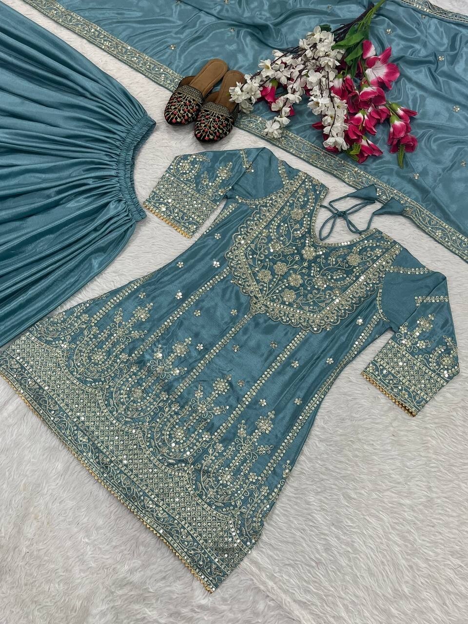 Latest Designer Powder Blue Chinon Silk Kurta Palazzo With Dupatta For Women