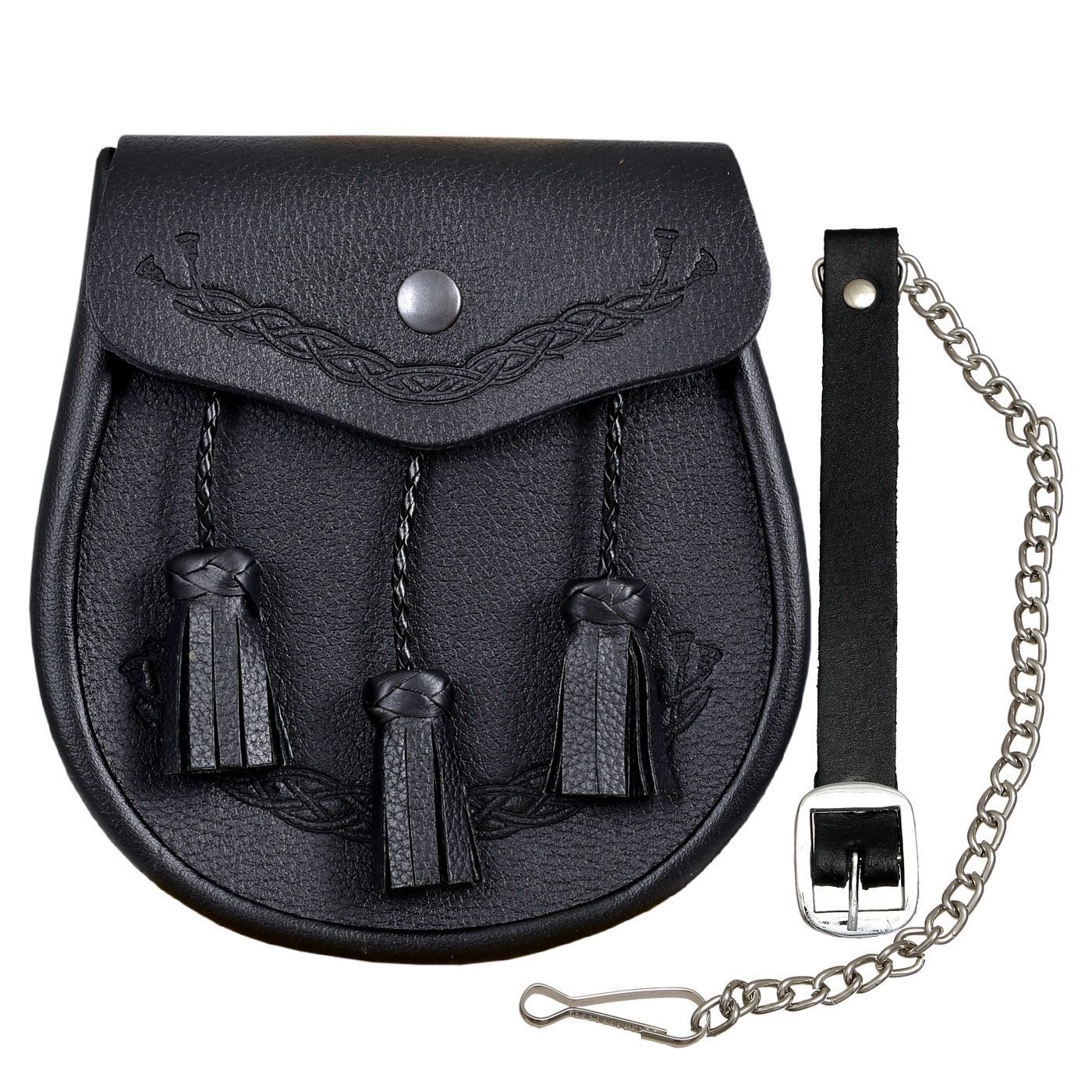 Embossed Celtic Classic Black Leather Kilt Sporran Free Chain Strap