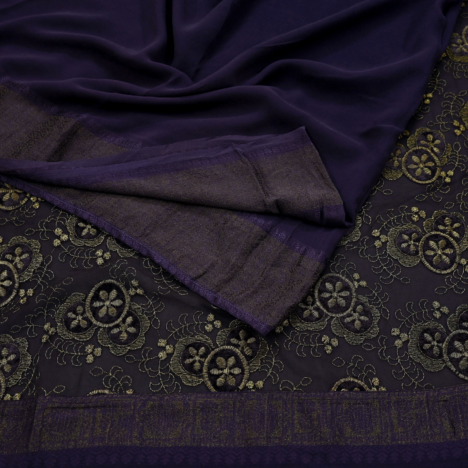 Indian Vintage Sari Purple Embroidered Pure Georgette Silk Sarees Craft Fabric