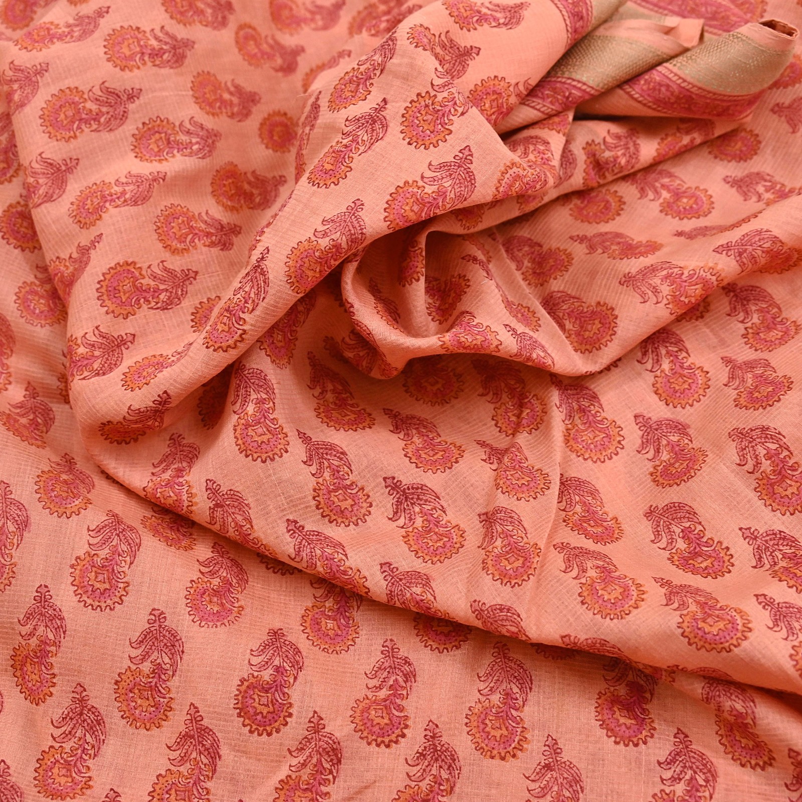 Indian Vintage Peach Block Printed Pure Chanderi Silk Saree Floral woven Border