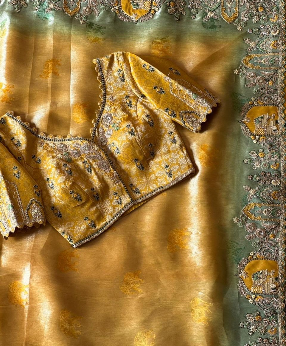 soft silk munga saree 2D dying elephant sequence applique work with blouse .