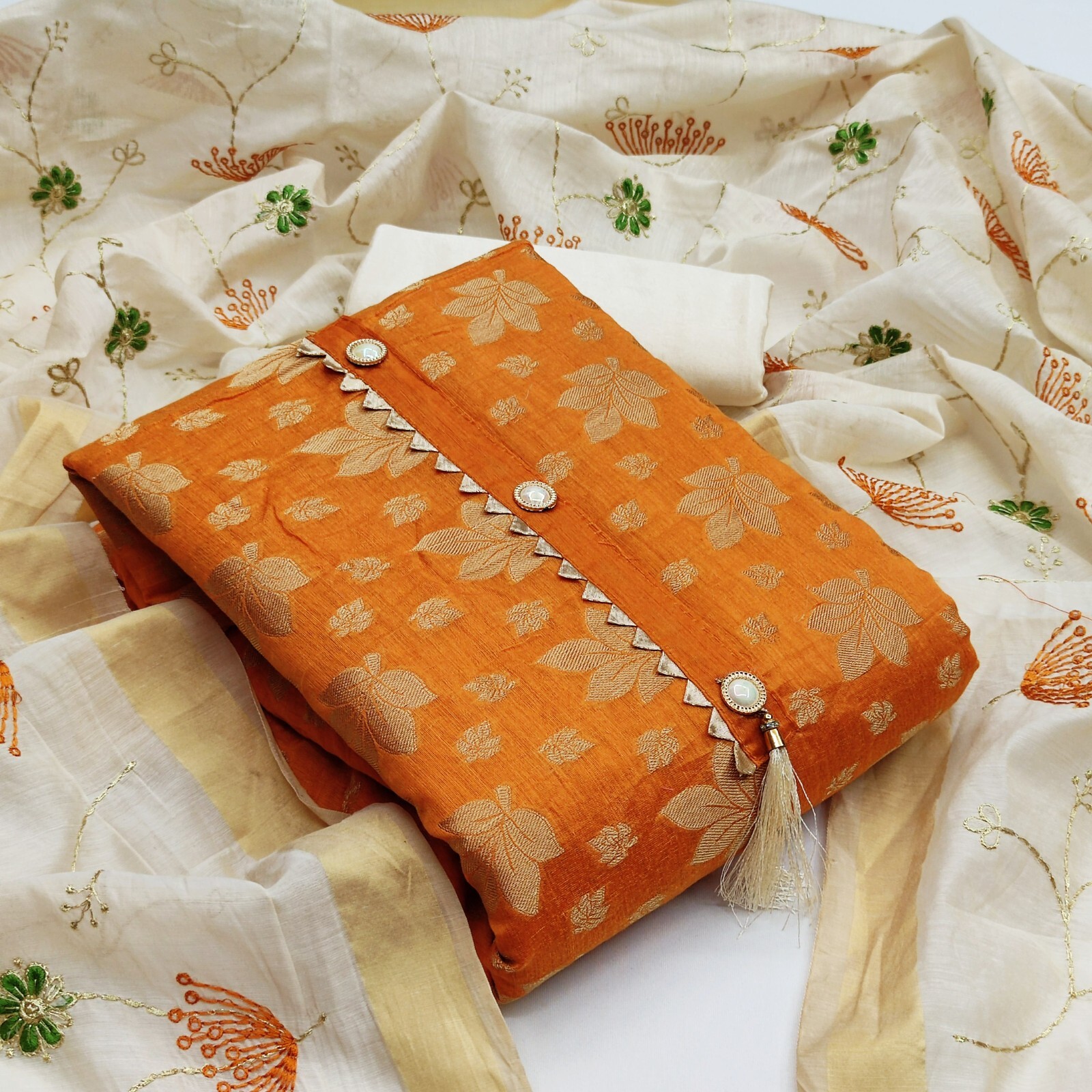 Women Jacquard Button & WovenWork Kurti salwar with Chanderi Duppta_2.10m_Orange