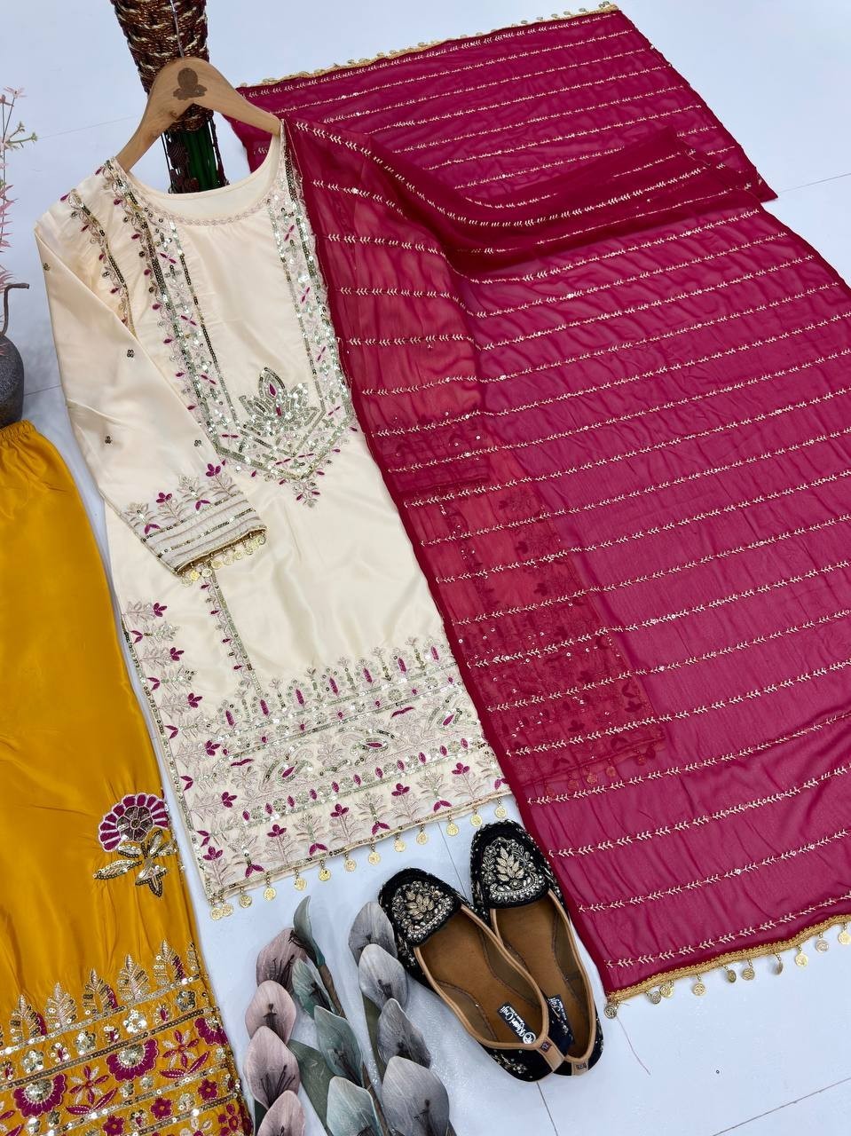 Presenting Beige Heavy Natural Silk Top Palazzo With Dupatta For Festival Wear