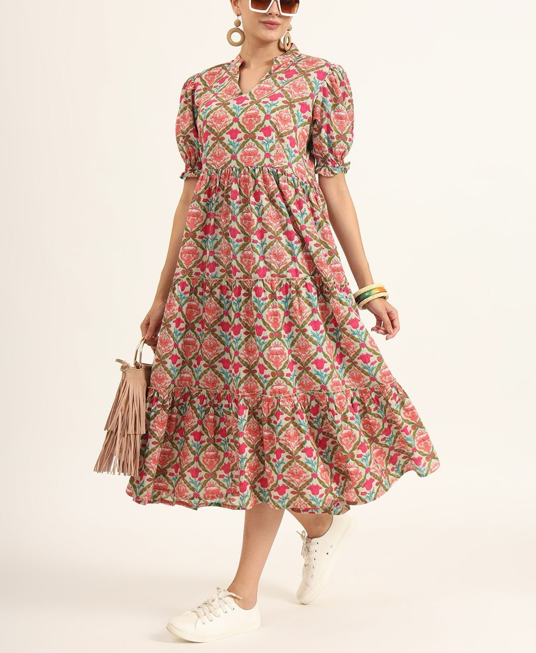 Multi Color Floral Print Midi Dress Plus Size & Regular | Flowy Boho Midi Dress