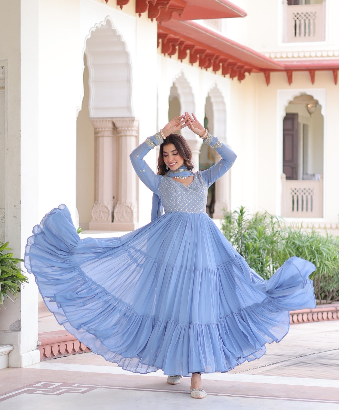 Indian Style Faux Georgette Blue Salwar Kameez With Dupatta For Women Wear