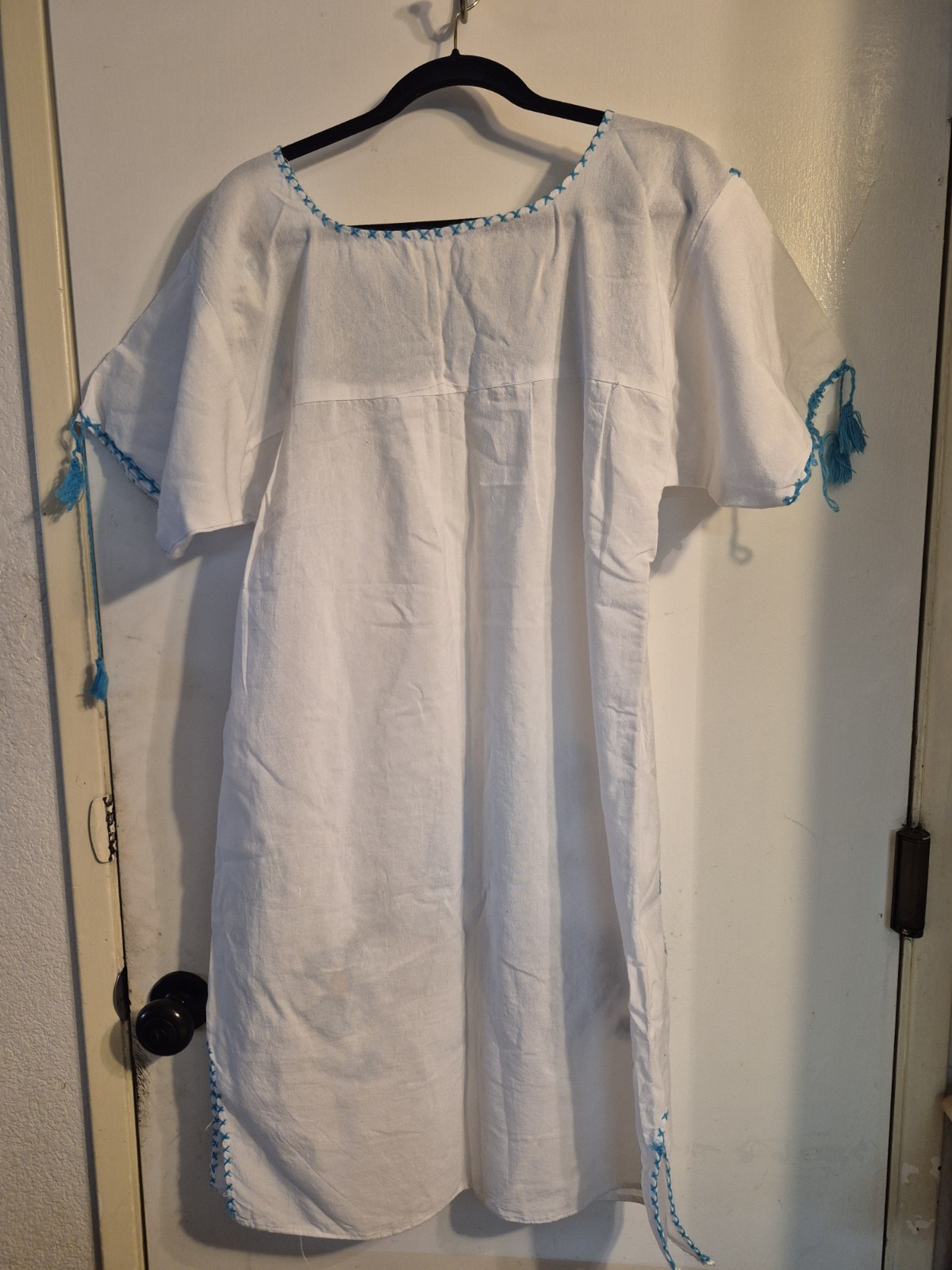 Handmade traditional puebla mexican embroidered White dress with blue floral.c1