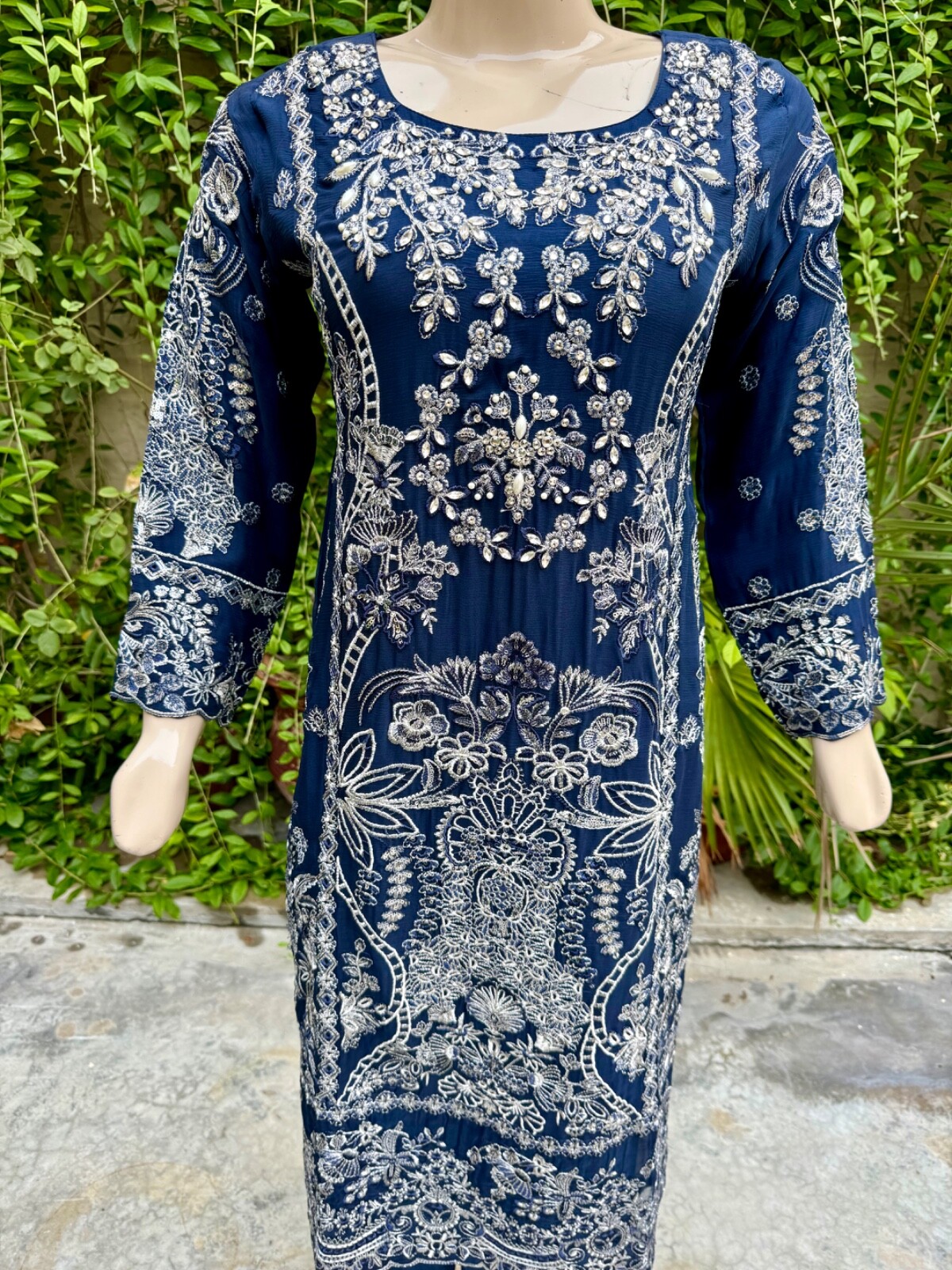 Pakistani Navy Blue 3 Pcs Fancy Chiffon Dress with embroidery & Squins work,L