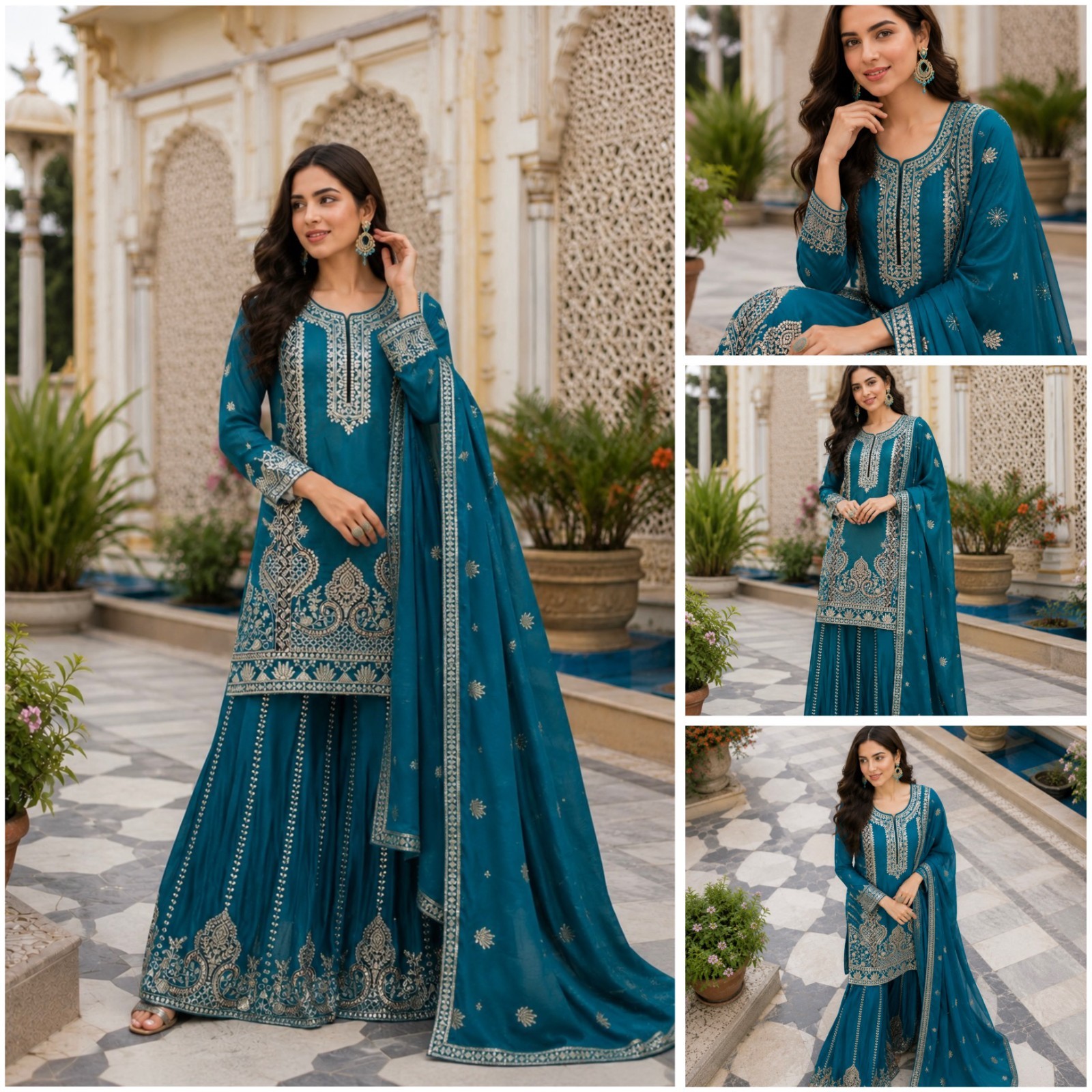 Peacock Blue Embroidered Pakistani Suit Women 3 Piece Party Wear Dress