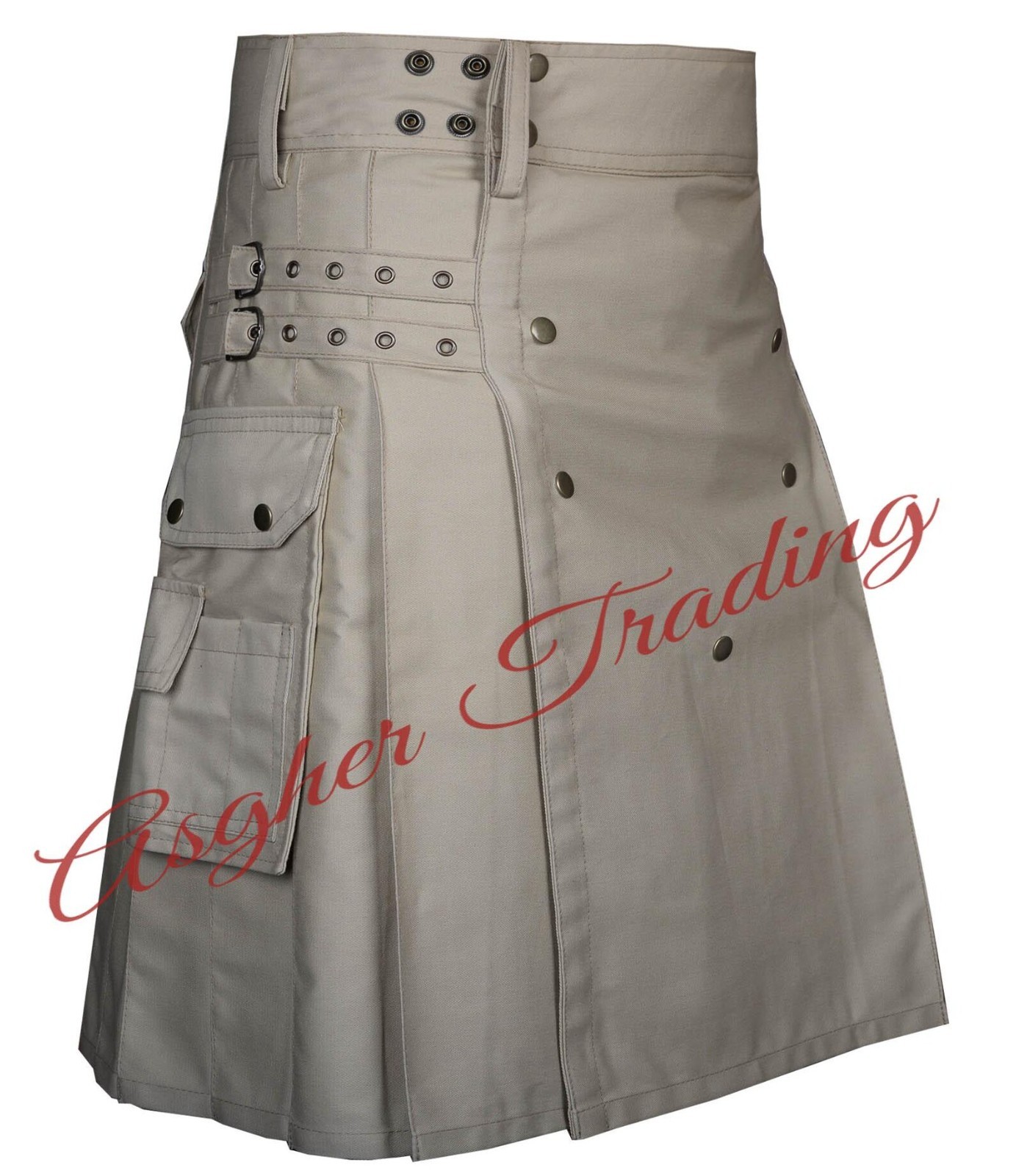 Handmade Beige Cotton Utility Kilt Tactical kilt Cargo Pockets Custom Size kilts