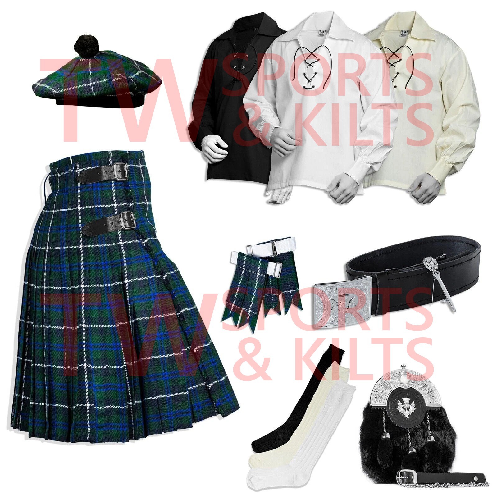 Scottish Men’s Outfit Douglas Blue Tartan Kilt Set – 10 Pieces Kilt Accessories