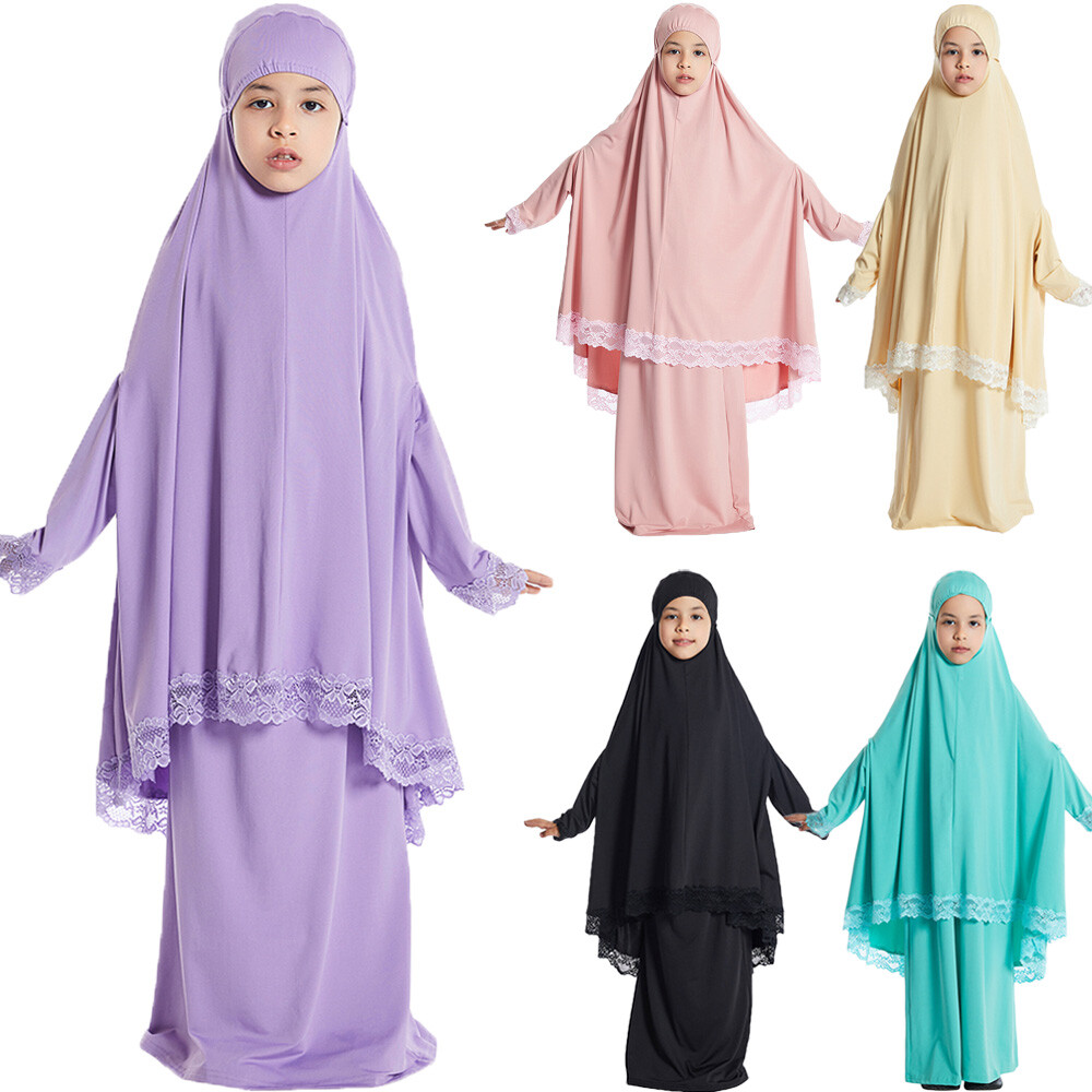 Two Piece Girls Kids Overhead Khimar Hijab Skirt Set Muslim Girls Prayer Dress