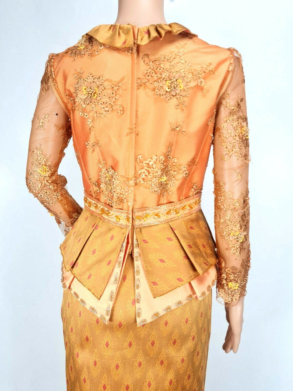 Cambodia Khmer Traditional Out fit Women Size L Gold Lace Korean Silk Skirt