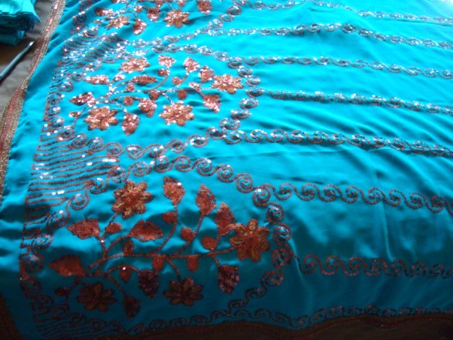 NEW TURQUOISE W/BRONZE SEQUIN GEORGETTE SARI W/BLOUSE/PETTICOAT-FREE S&H W/BIN