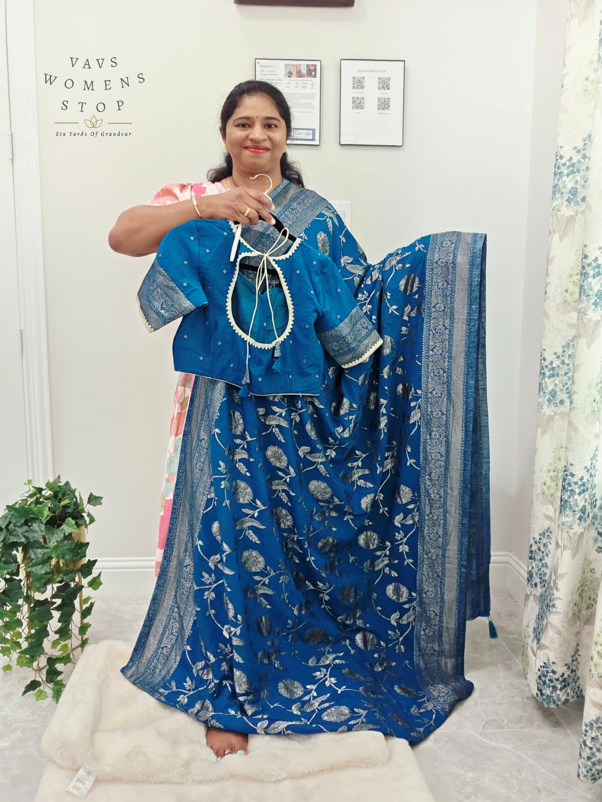 Semi Tussar Georgette Saree Peacock Blue Silver Meenakari Blouse 38-44 Ready