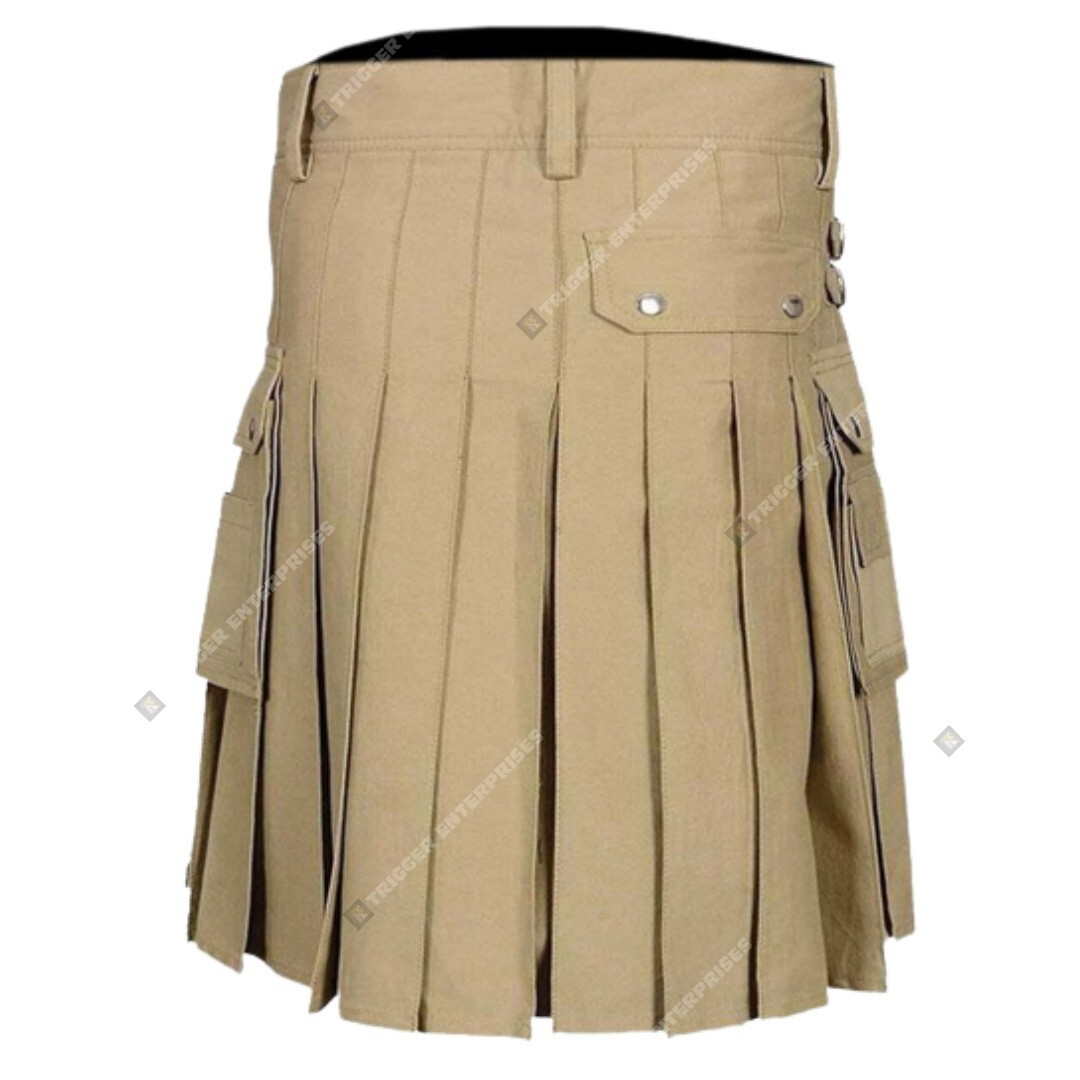 Handmade Cargo Pockets Khaki Utility Kilt for Men – Heavy Cotton Construction