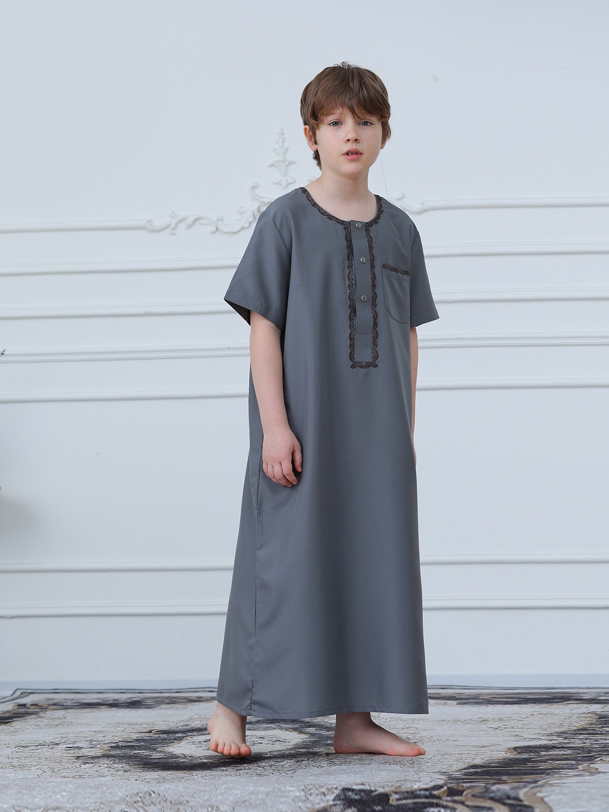 Saudi Arab Boys Thobe Jubba Long Sleeve Abaya Coat Simple Button Daily Wear Eid