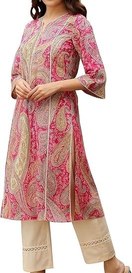 Women’s Rayon Ethnic Pink Paisley Printed Straight Kurti with 3/4 Sleeves – Styl