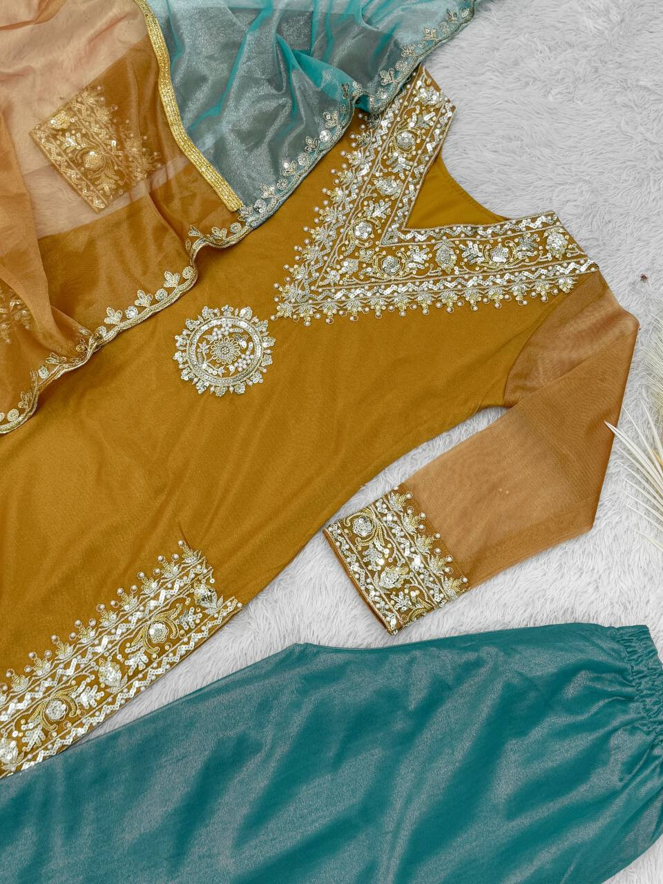 FUNCTION WEAR SOFT TWILL NET SILK PALAZZO SUIT WITH DUPATTA FOR WOMEN