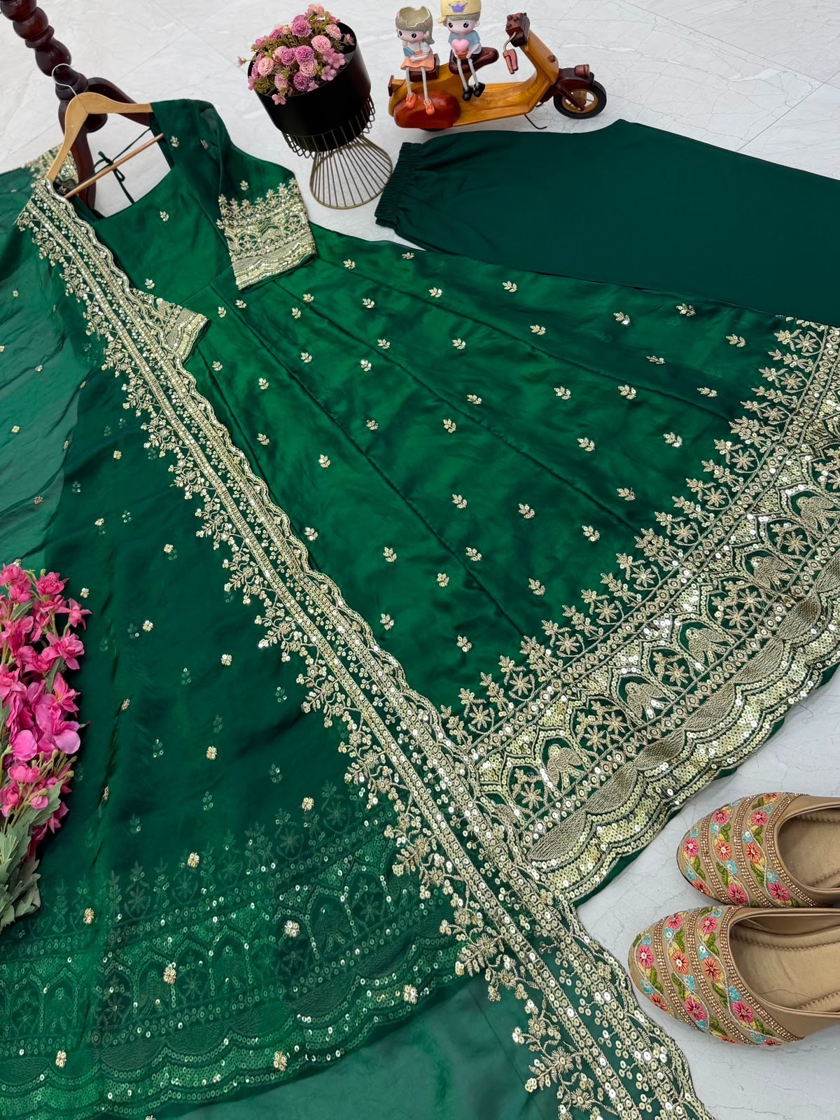Green Fendy Silk Ready Made Heavy Embroidery Anarkali Suit Party Wear Dress XL