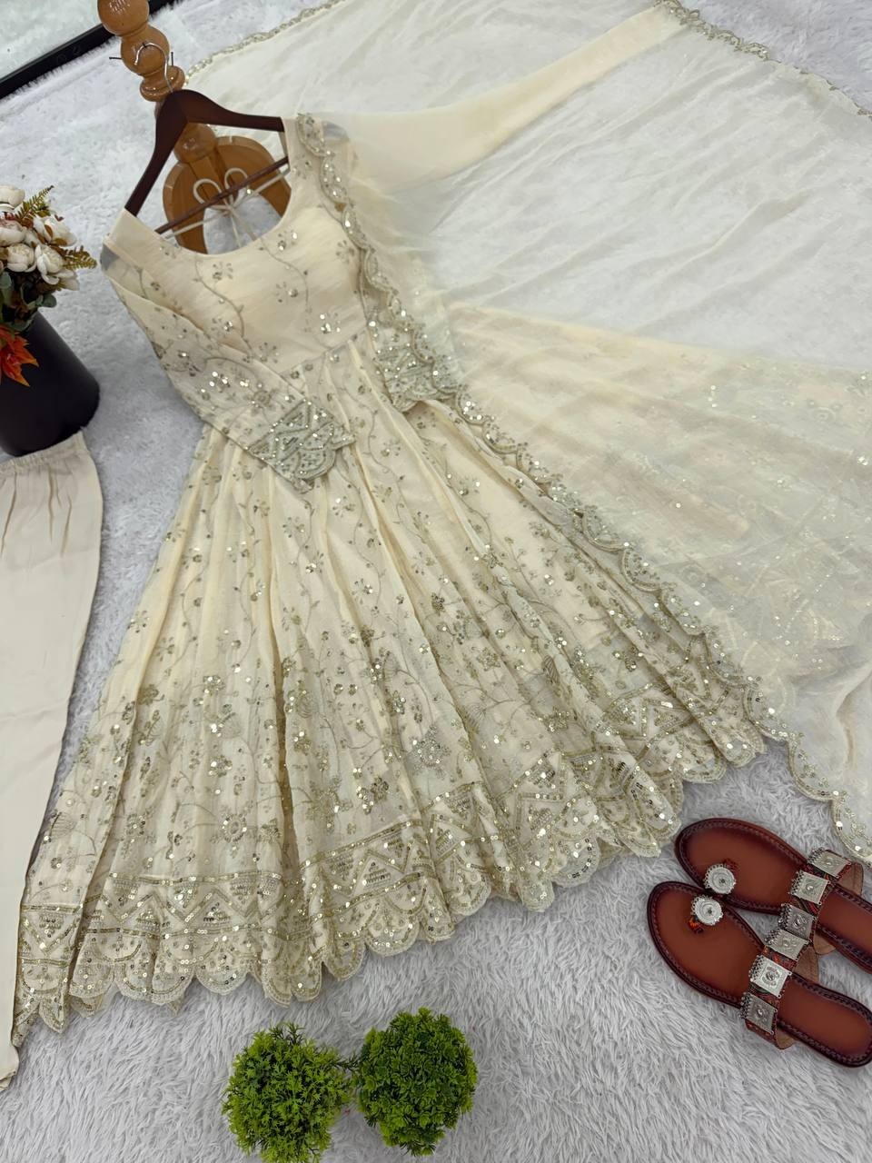 Stunning Crunchy Silk Cream Gown Bottom With Dupatta For Women & Girls