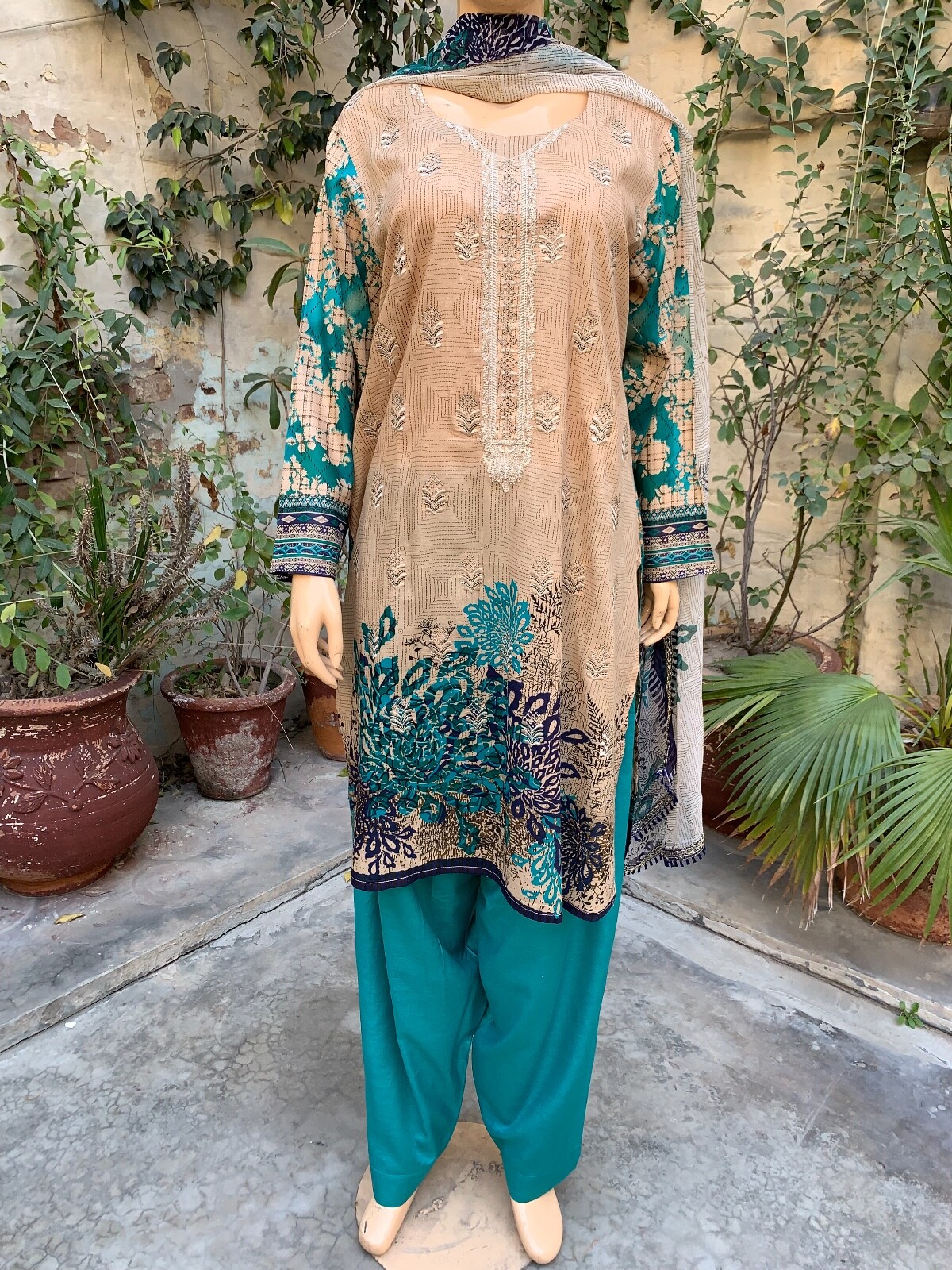 Pakistani Beige & Teal Printed Straight Shirt 3-PCS Lawn Suit w/ Threadwork ,L
