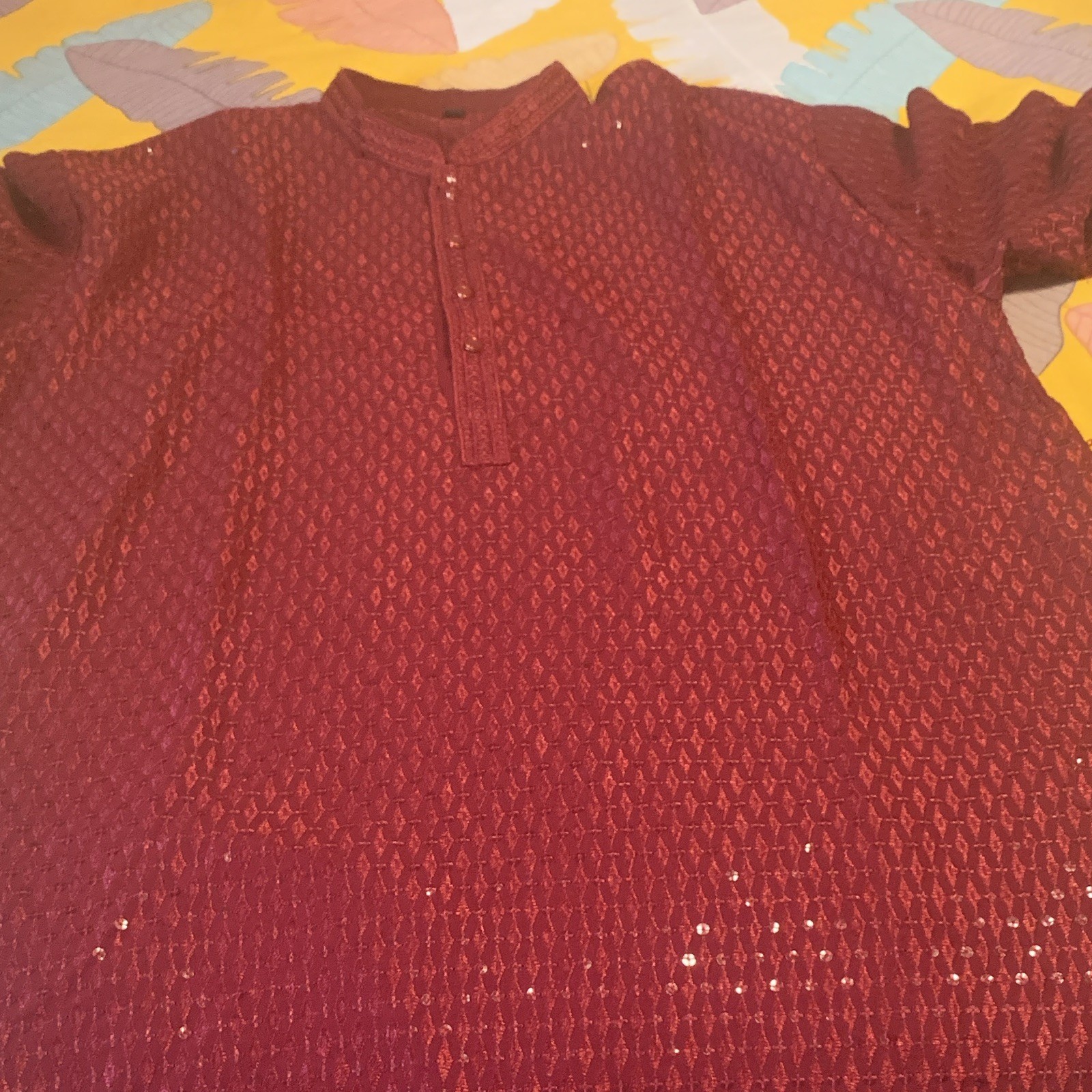 Handmade Maroon Cotton Men’s Kurta Mandarin Collar Button Placket Size M