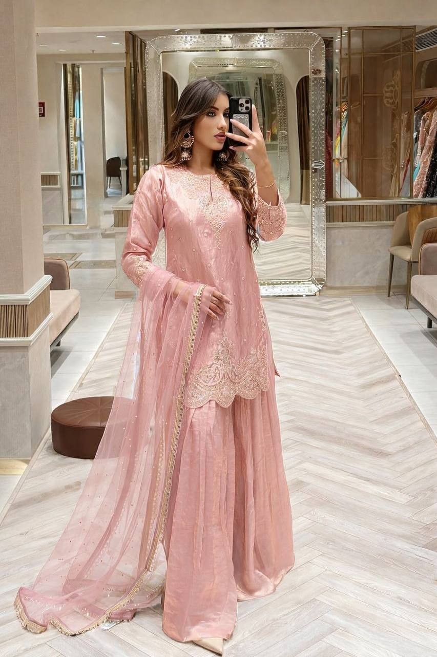 Latest New Silk Peach Top Palazzo With Dupatta For Indian Wedding Wear