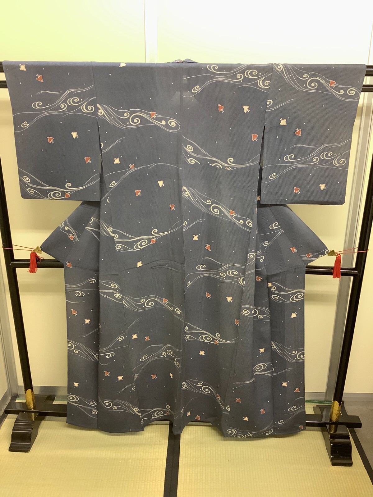 Japanese Vintage Kimono Polyester Gray tradition bird wind Height 63.38in