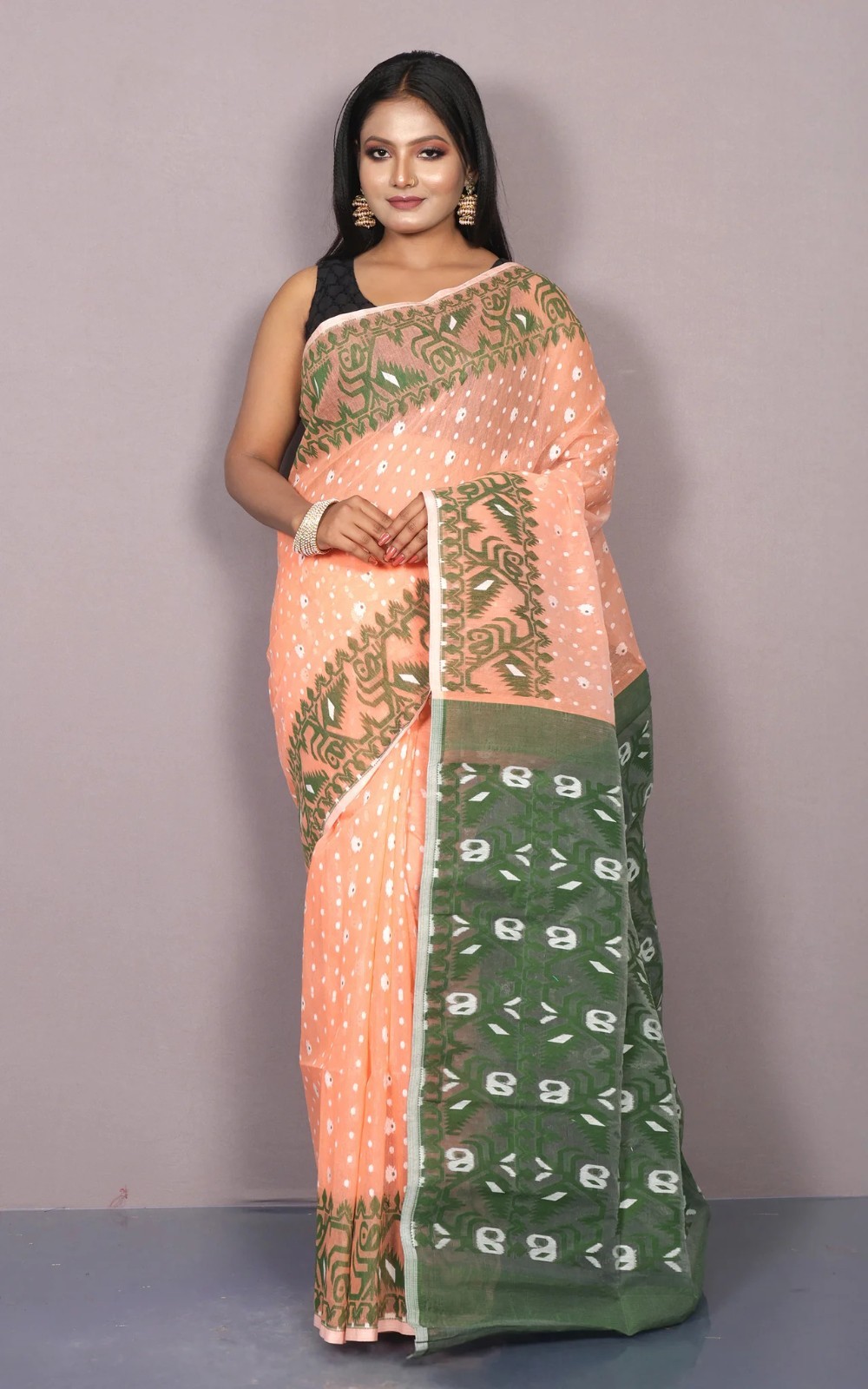 Women’s Peach Cotton Muslin Soft Jamdani Saree Nakshi Work & Unstitched Blouse