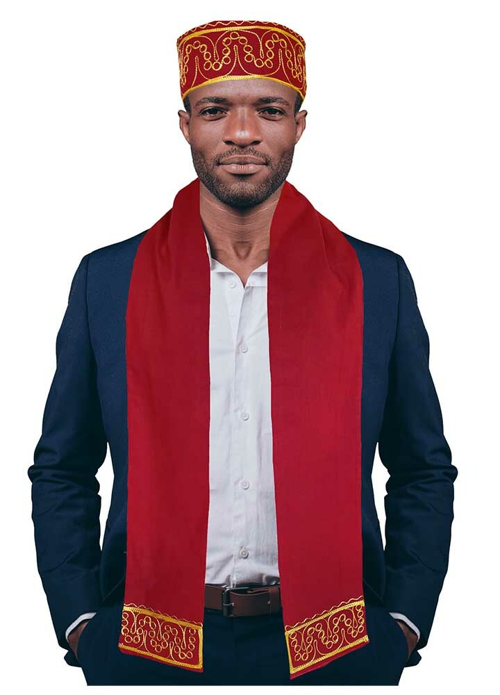 Red and Gold Embroidered African Hat and Sash/Scarf