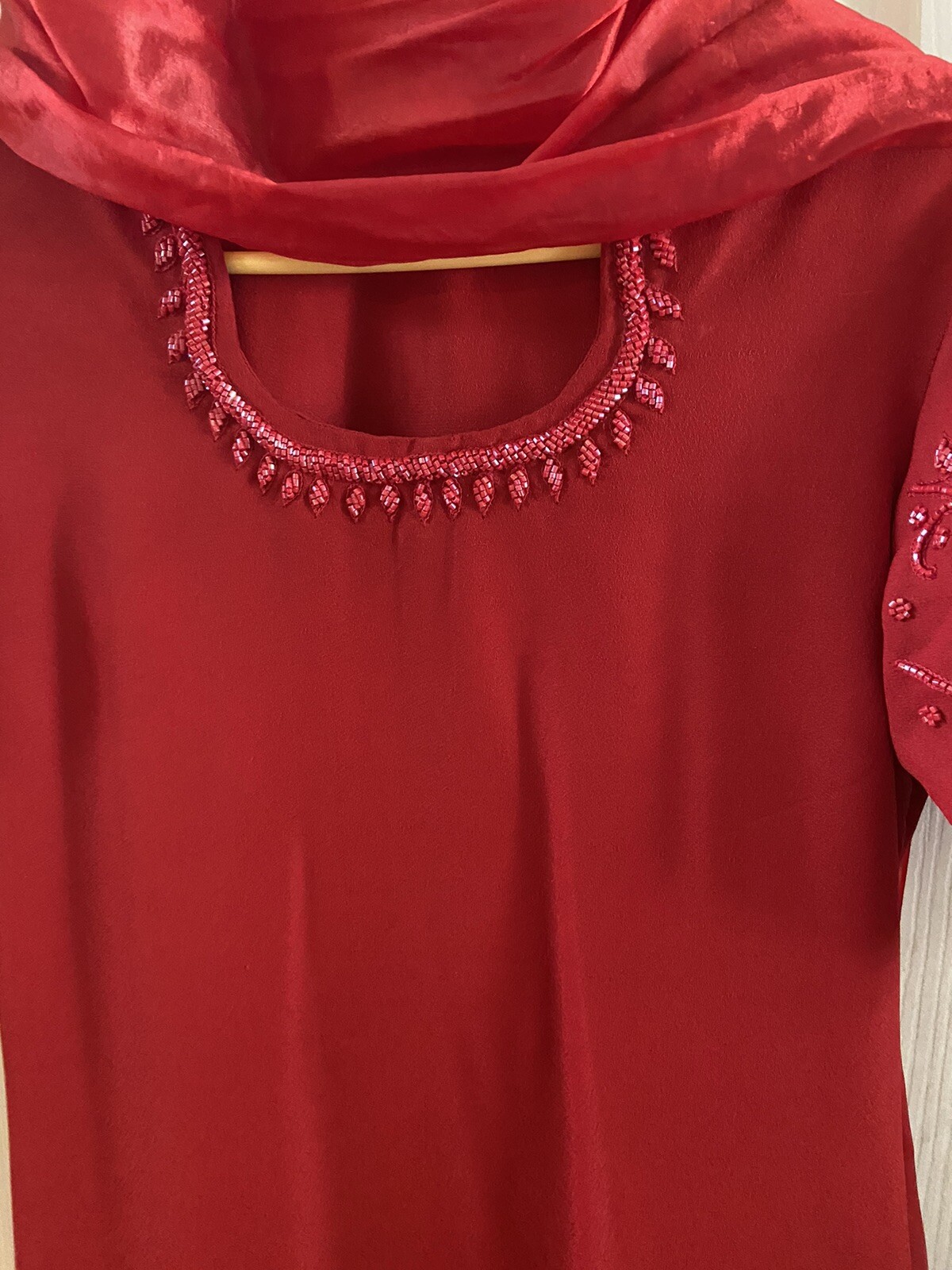 Indian Pakistani Women Red Sequins / Moti Work Party Wear Suits