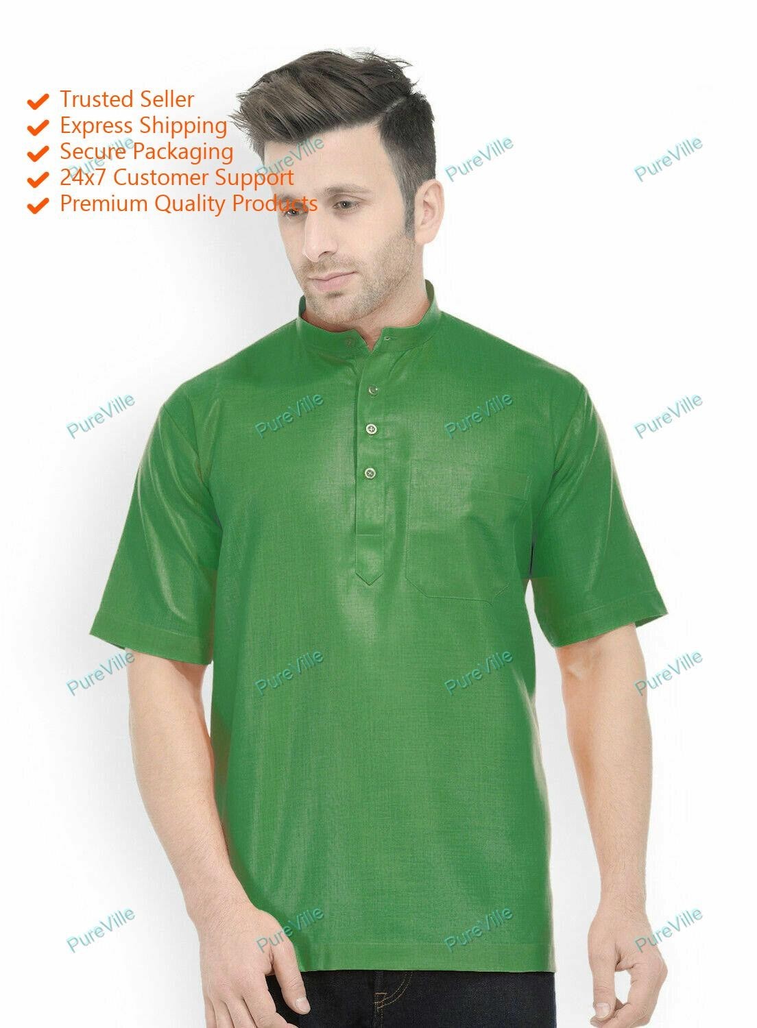 New Men Indian Half Sleeve Cotton mens Shirt Kurta Top Tunic Plus Size