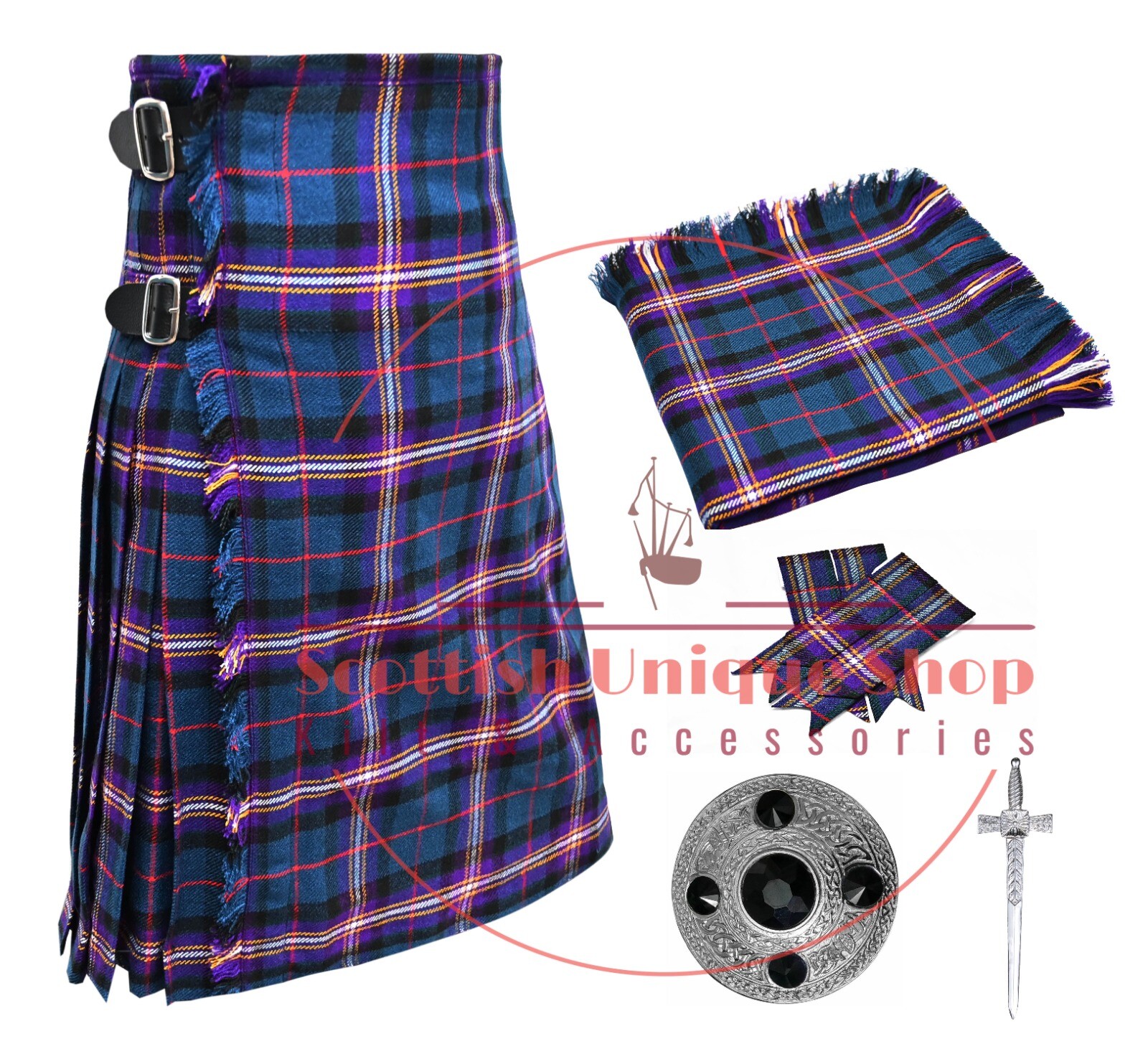 MASONIC Tartan 8 Yard kilt – Traditional KILT Men Scottish 13Oz kilt Custom Size
