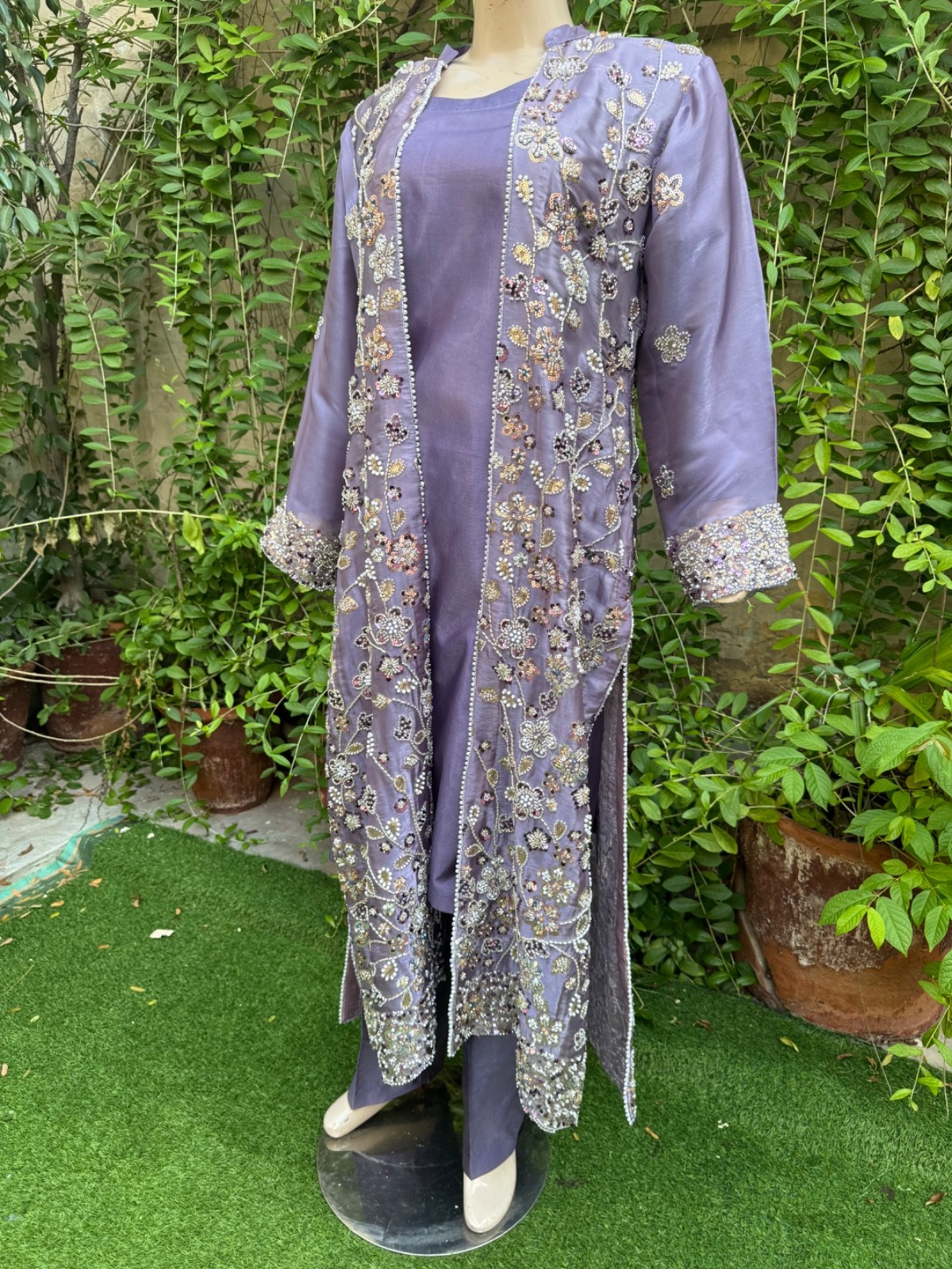 Pakistani purple silk long Gown shirt Style Embroidered Sequins Dress,L