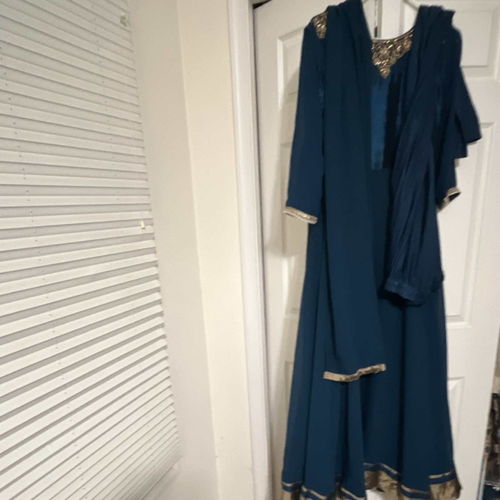 Peacock blue Anarkali Salwar Kameez for Women with Gold Embellishments & Dupatta