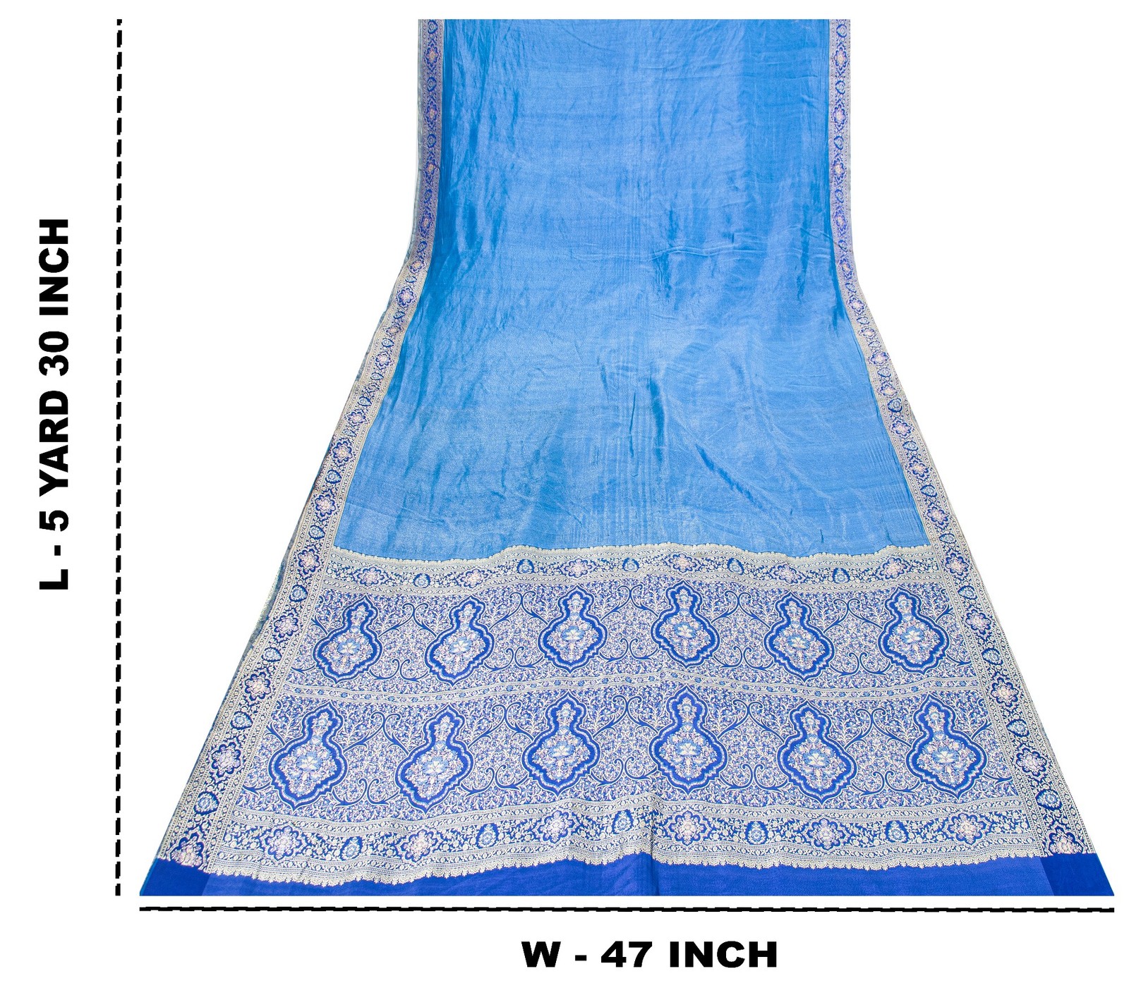 Sanskriti Vintage Blue Pure Silk Saree Brocade Woven 5.+Yd Fabric With Blouse Pc
