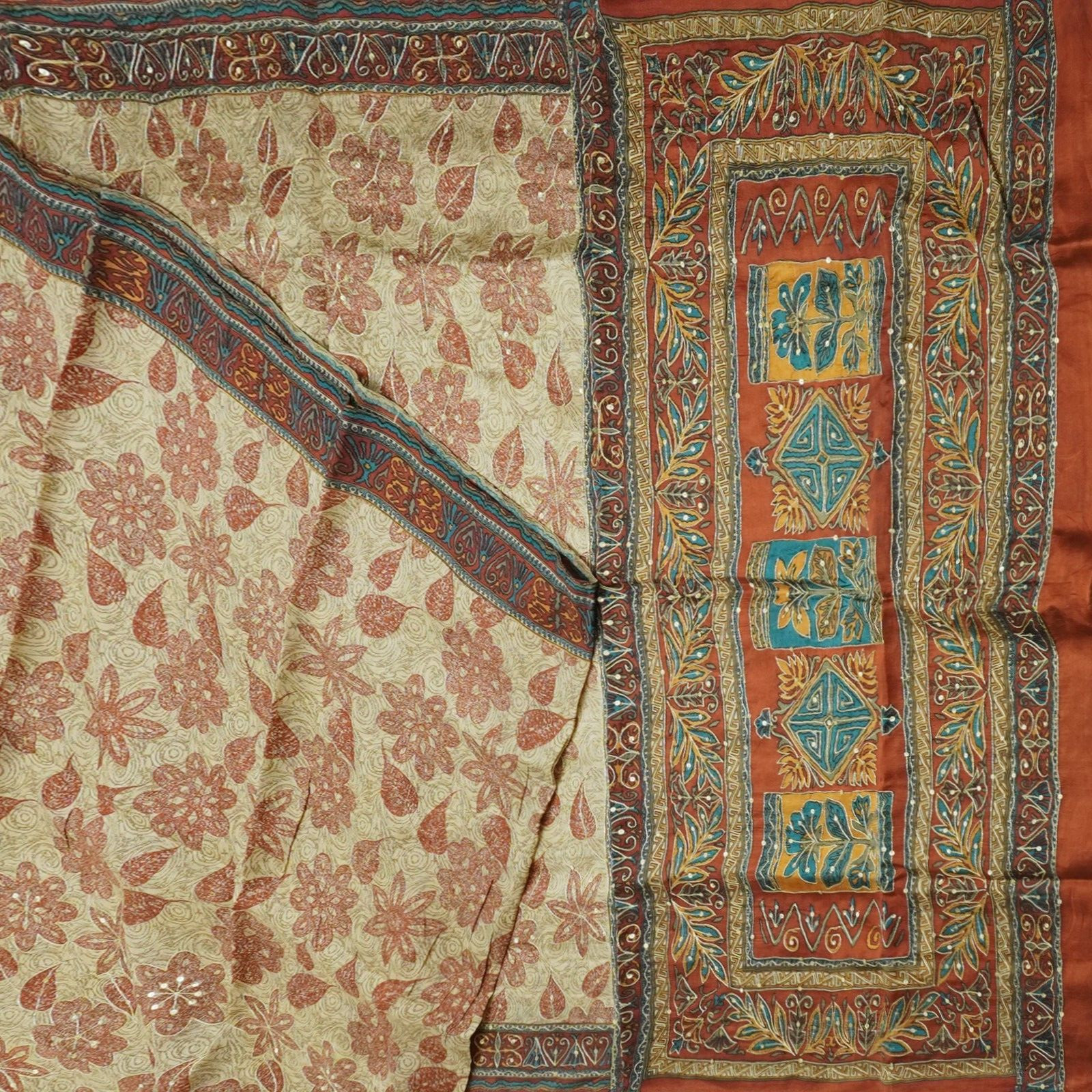 Vintage Brown Sarees 100% Pure Silk Sequins Hand Embroidered Sari Craft Fabric