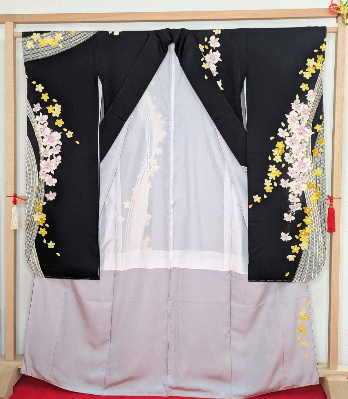 Japanese Kimono Silk Furisode Black Yellow & Purple Flowers Vertical Waves Art