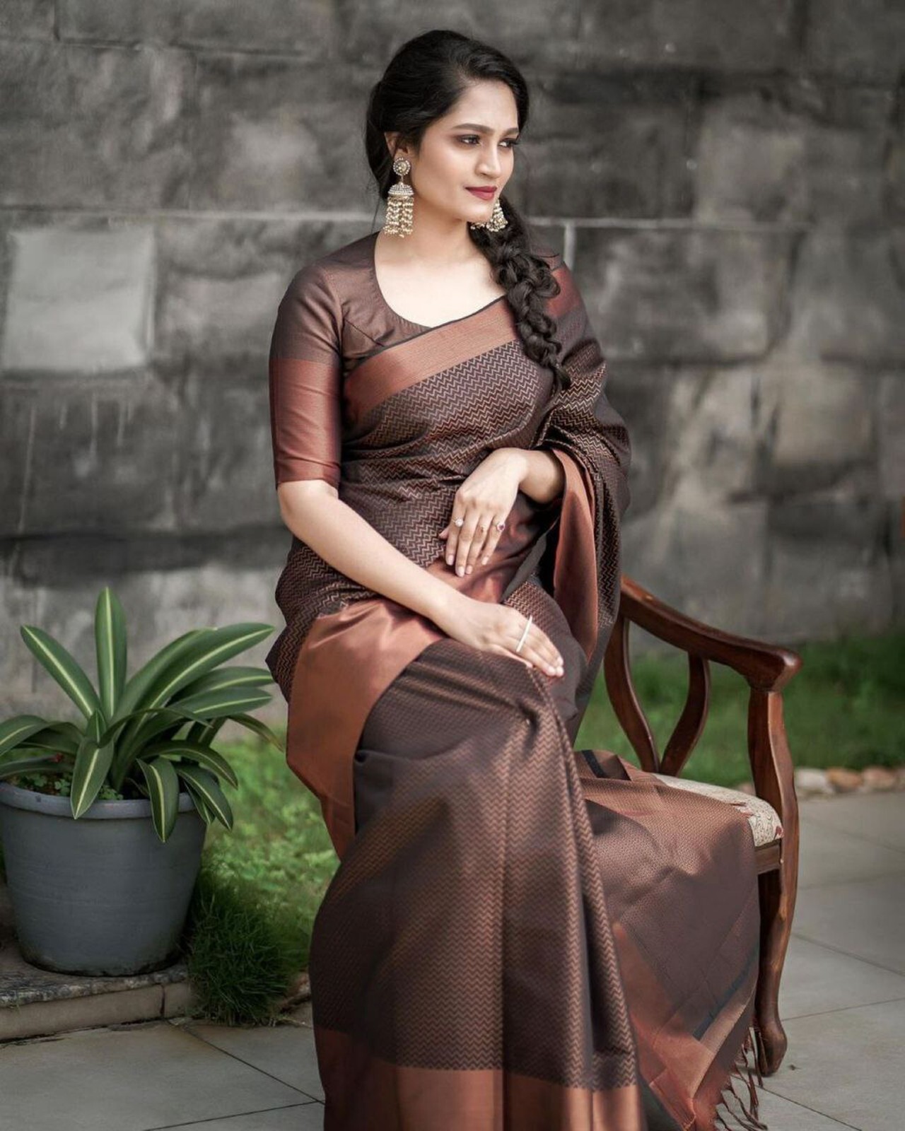 Areca Designer Copper Zigzag Brown Silk saree blouses women Saree Cut 5.5 Meter
