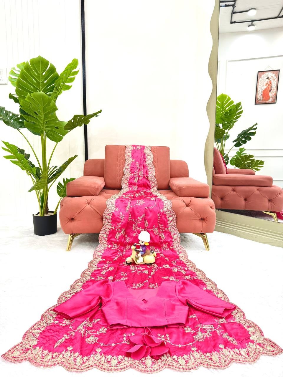 Indian Style Heavy Japan Satin Silk Pink Saree With Blouse For Wedding & party