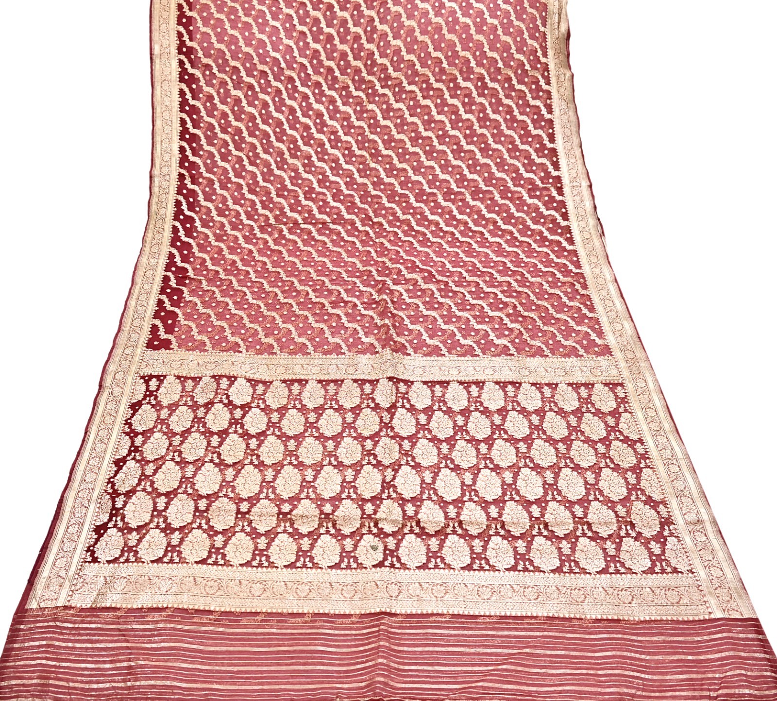 Indian Vintage Sari Heavy Maroon Pure Organza Silk Woven Brocade Banarasi Sarees