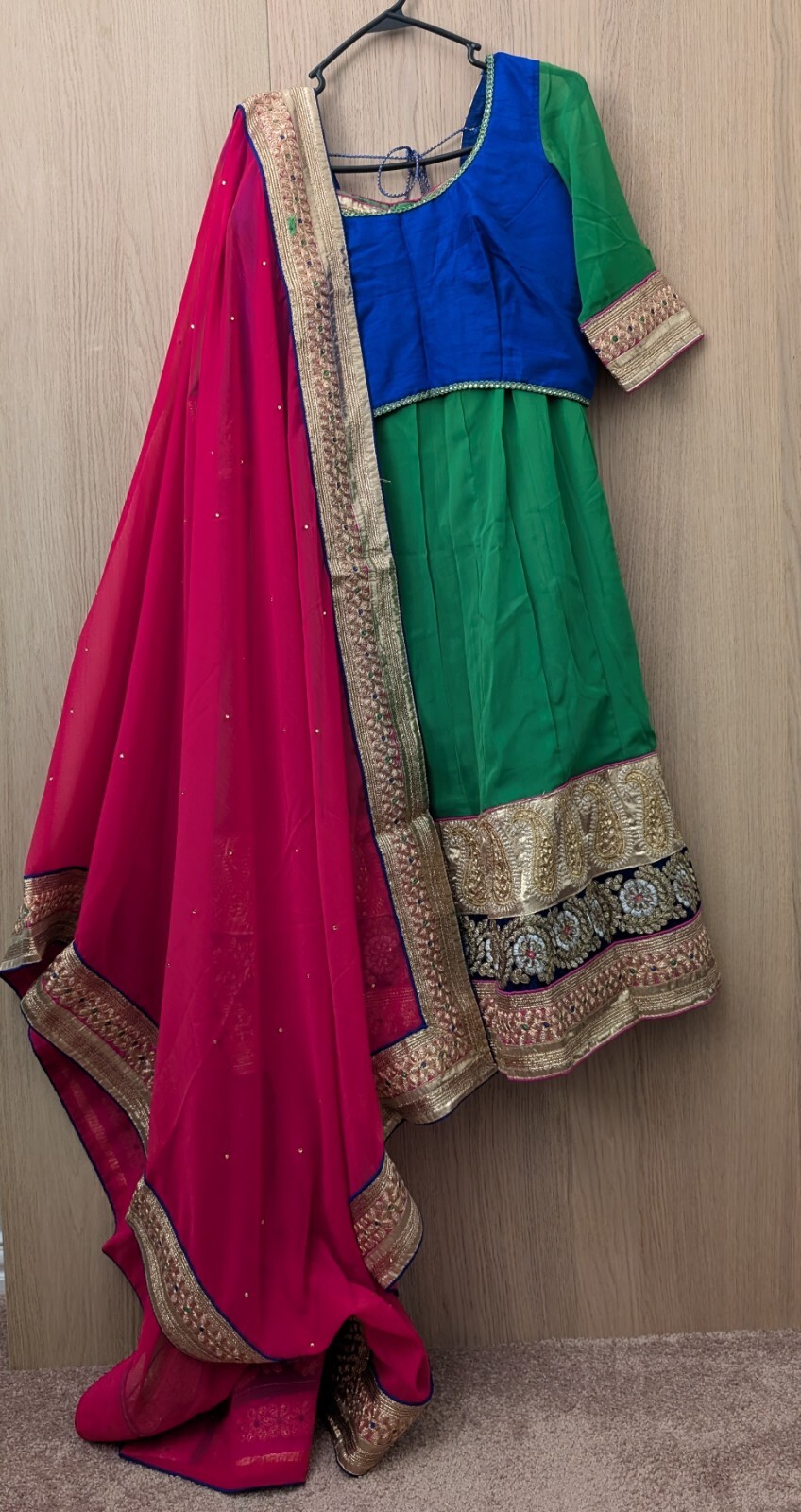 NEW Garba Lehenga Choli XL Sz 40 Parrot Green Blue Gold Wedding Indian Party